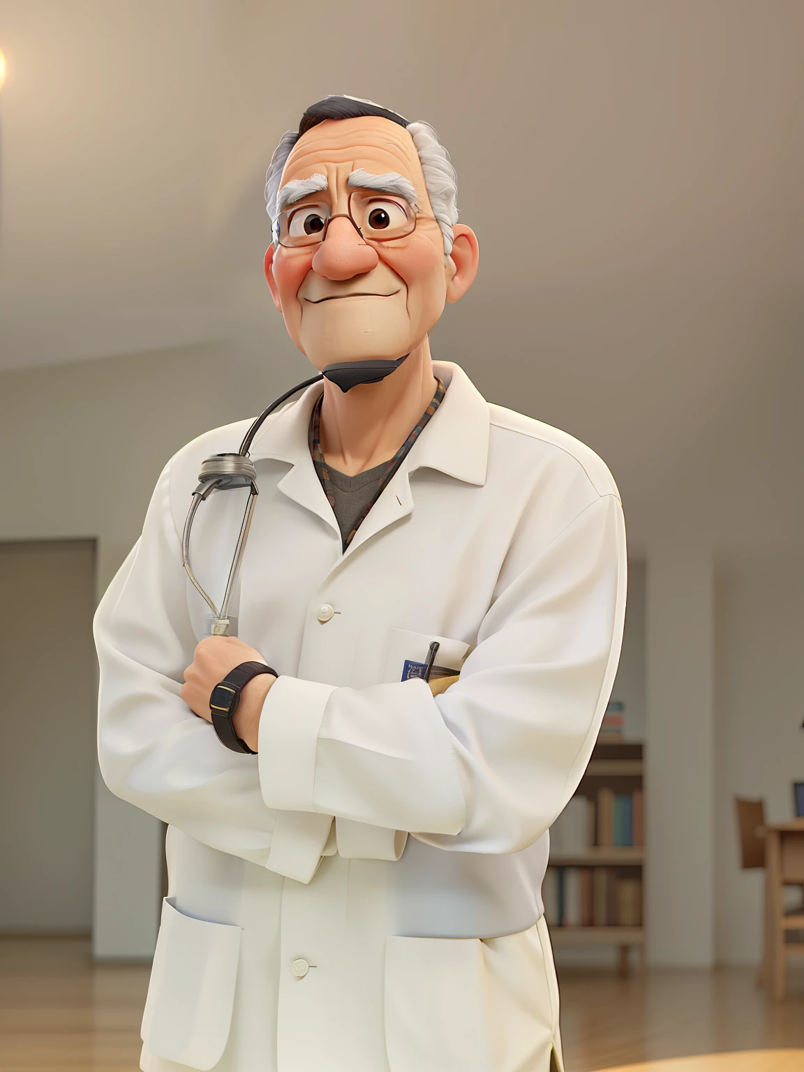 A wise old man standing in front, illuminated by the light of a lamp, tendo como pano de fundo uma biblioteca
