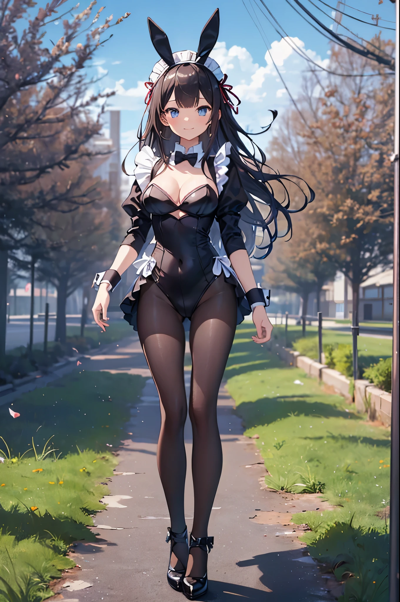 ((master piece、8k、highest quality、perfect fingers: 1.3、perfect anatomy: 1.3、background blur))、(16 years old: 1.5)、(straight long hair 、Maid style playboy bunny、Slender beautiful girl: 1.5)、(high heels、tights：1.3)、(standing position、Rabbit Pose、wide shot、whole body、happy smile、blue sky、Grass：1.3)、

