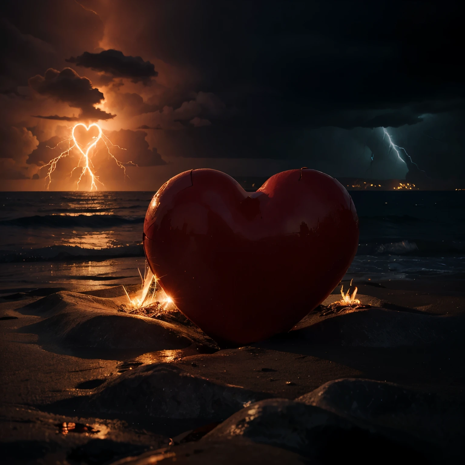 glowing, shining, healing, realistic red human heart that is shaped as a heart with the background being a storm