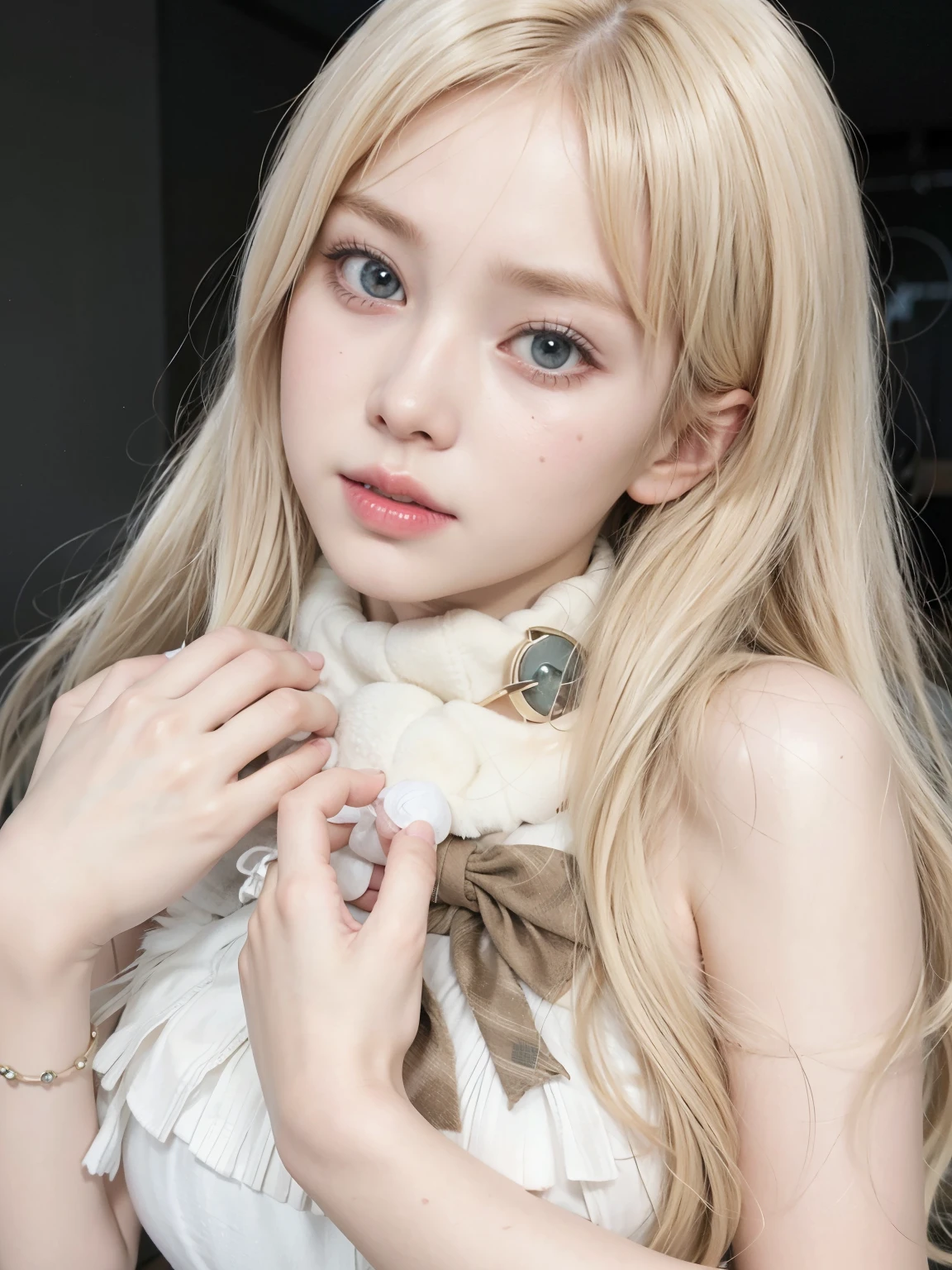 araffe with long blonde hair and a white fur collar, long blonde hair and big eyes, belle delphine, long blonde hair and large eyes, very beautiful cute catgirl, shikamimi, long white hair and bangs, ultrarealistic sweet bunny girl, lalisa manobal, with white long hair, white hime cut hairstyle, blonde hair and large eyes