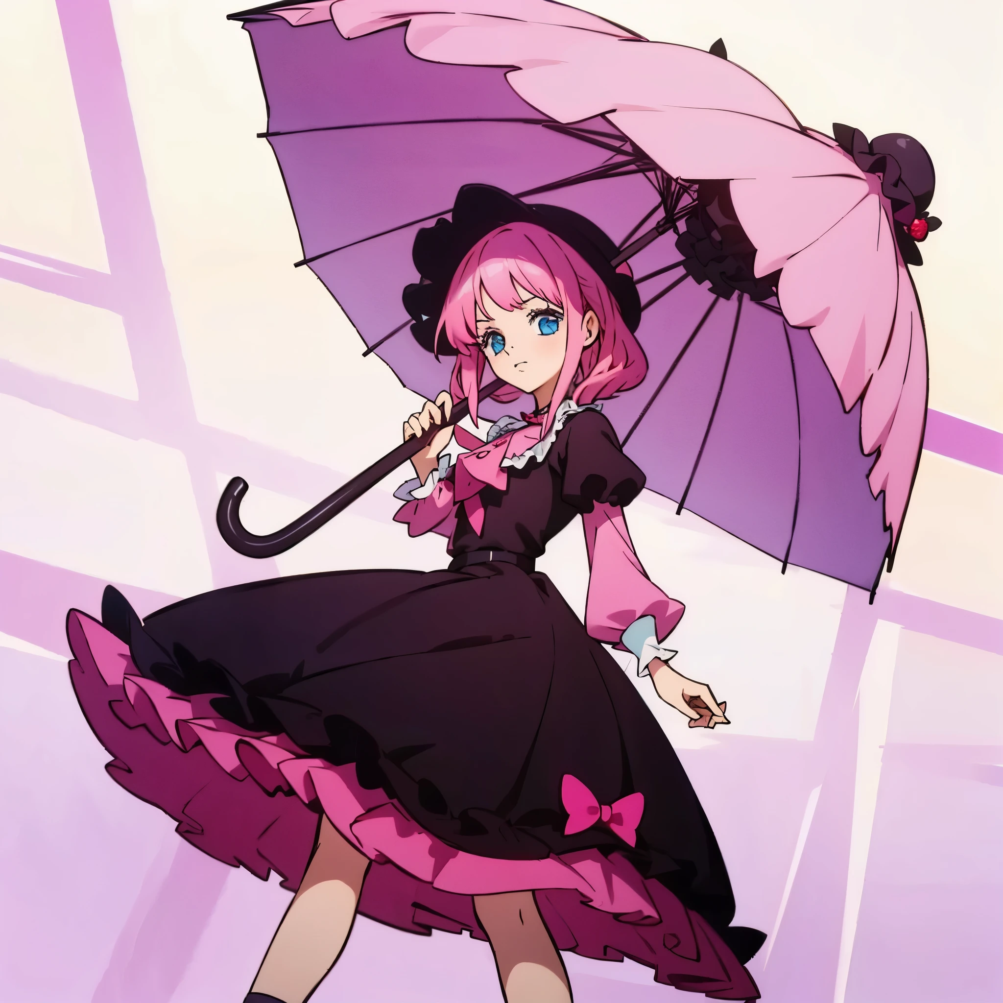 a woman of medium height with light pink hair and large, round blue eyes. She is often seen wearing a black dress with a frilly skirt and puffed sleeves. Her unique style includes a hat with a pink ribbon and a pair of long socks. In addition, she carries a pink umbrella and a strawberry-shaped pendant. Her overall look is characterized by a mix of gothic and cute elements.