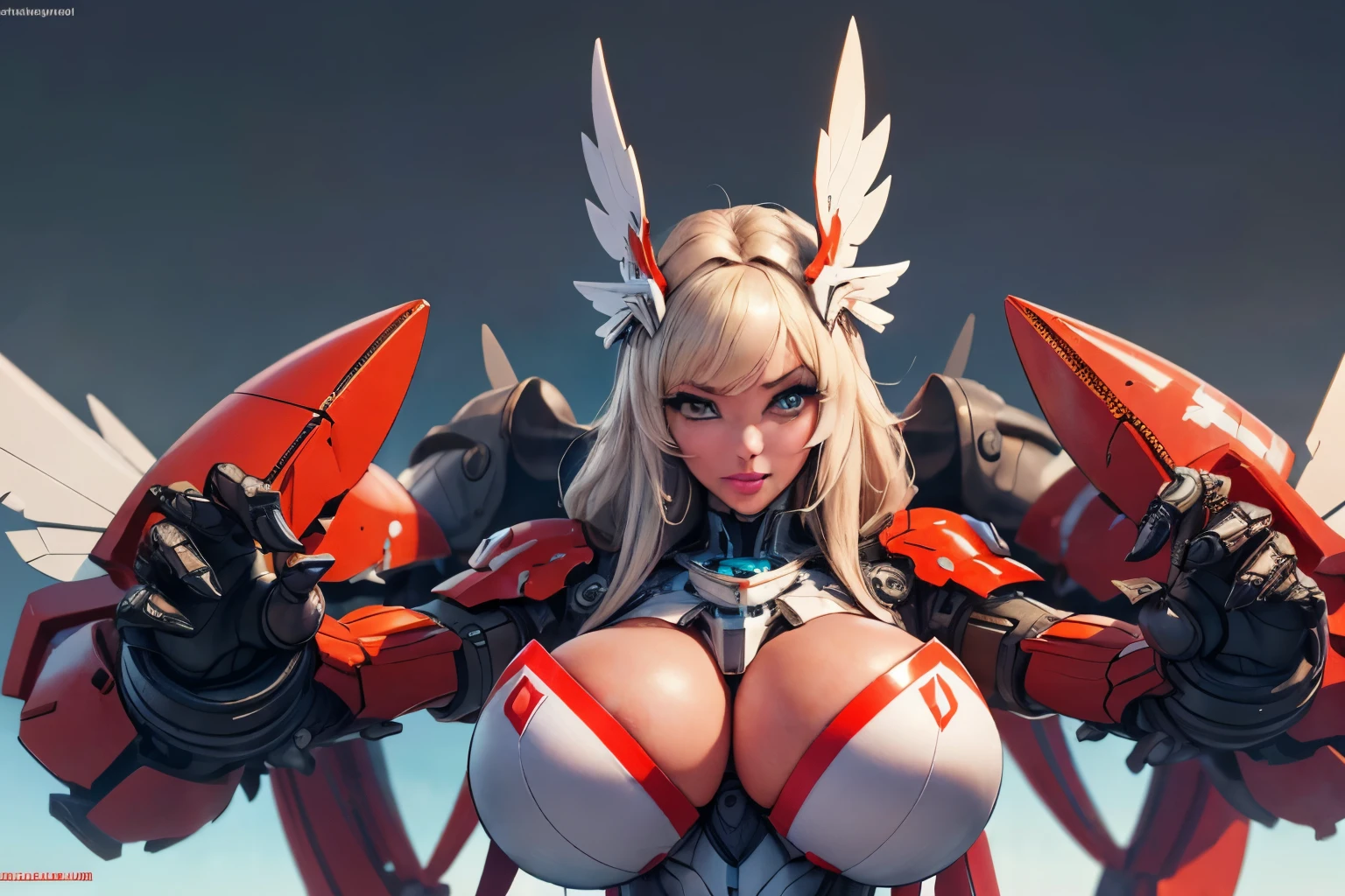 ((Woman))) in king crab color costume AESTHETIC, (a closeup:1.4)、(RAW Photography:1.2)、(Photorealsitic:1.4)、(masterpiece:1.3)、(top-quality:1.4)、(aletta ocean face), (Beautiful woman with perfect body:1.4)、Woman standing in front of a group of robots、beautiful android woman、Beautiful Female Soldier、girl in suit、complex combat uniform, highly detailed facial and skin texture、Detailed big eyes, best anime 4K wallpaper, full body, cyberpunkta crab, ((mechanized valkyrie girl)), biomechanical, ((gigantic breasts)), highly detailed artgerm based on king crab, cyborg king crab, anime style 4k, king crab