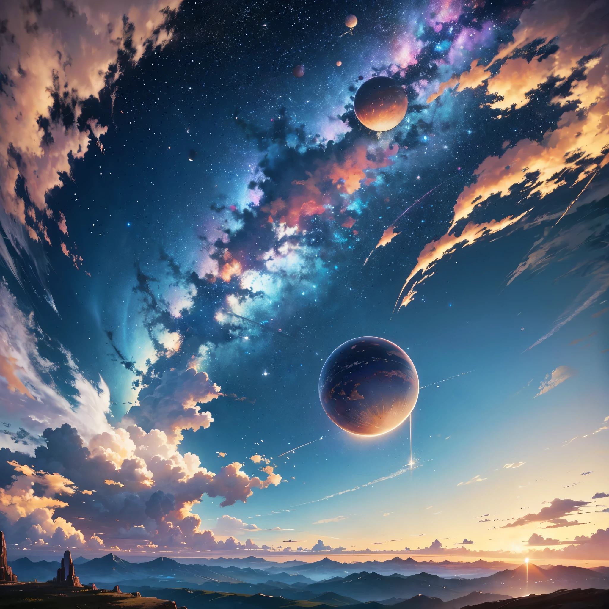 In the ethereal realm of artistic imagination, a breathtaking tableau emerges from the canvas—a view of a landscape from a cliff that defies earthly conventions. The precipice, soaring dizzyingly high in the sky, becomes the gateway to a mysterious expanse, invoking a sense of wonder and fantasy. Delicate lines and colors intertwine meticulously to craft the scene, each stroke contributing to the creation of a world beyond the ordinary, As the beholder's gaze navigates the canvas, they encounter a majestic sky adorned with colossal, vividly-hued planets suspended in the celestial tapestry. Giant orbs, resplendent in their otherworldly beauty, cast an enchanting glow upon the landscape below. The celestial bodies, rendered with the highest quality, evoke a sense of awe as they dominate the canvas with their vibrant, cosmic presence., In the distance, a civilization unfolds, its structures and inhabitants mere specks on the canvas, emphasizing the vastness of the landscape. The meticulo, cinematic lighting, glowing light, wide shot, atmospheric perspective, drone view, (day sky)