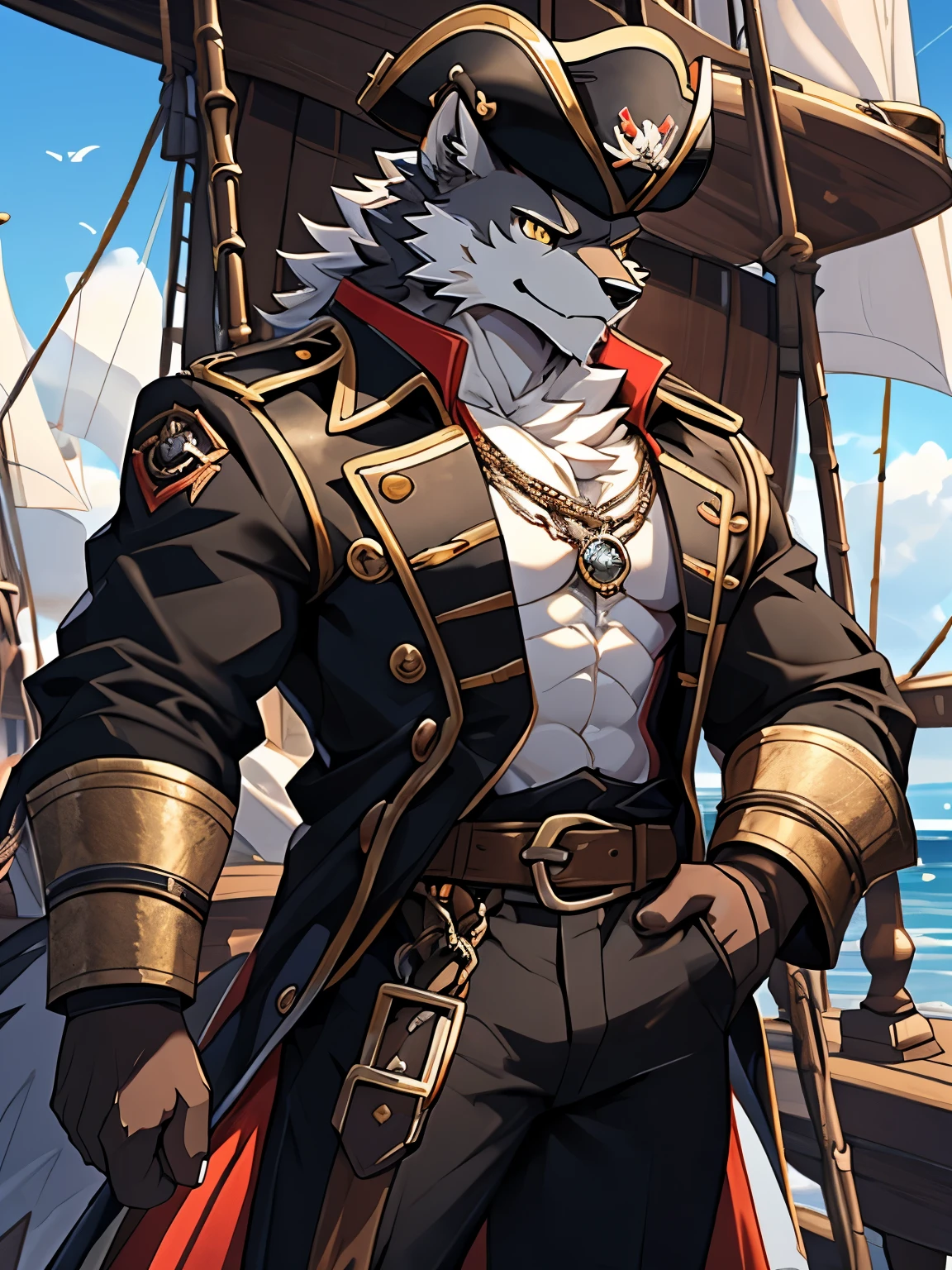 (Furry art, uploaded on e621: 1.4), Werewolf, grey and black fur, intense golden eyes, black pirate hat with peach feathers, red baron jacket with gold buttons and gold shoulders over a black shirt and a white frill tie, crab-like fangs and shell, masterpiece, best quality, (detail background), background sea, on on a pirate ship, (detail body), (perfect pulpils), standing, (masterpiece), (best quality), (ultra-detailed: 1.0), cool pose, (Clear, shiny:0,8), (1boy, solo), (solo_focus), detail fluffy fur, natural lighting, (male), anthro, (upscaling ratio: 2.10), detail background, perfect sky, detail fur, topless, black pulpil, detail pulpils, yellow eyes, detail eyes.