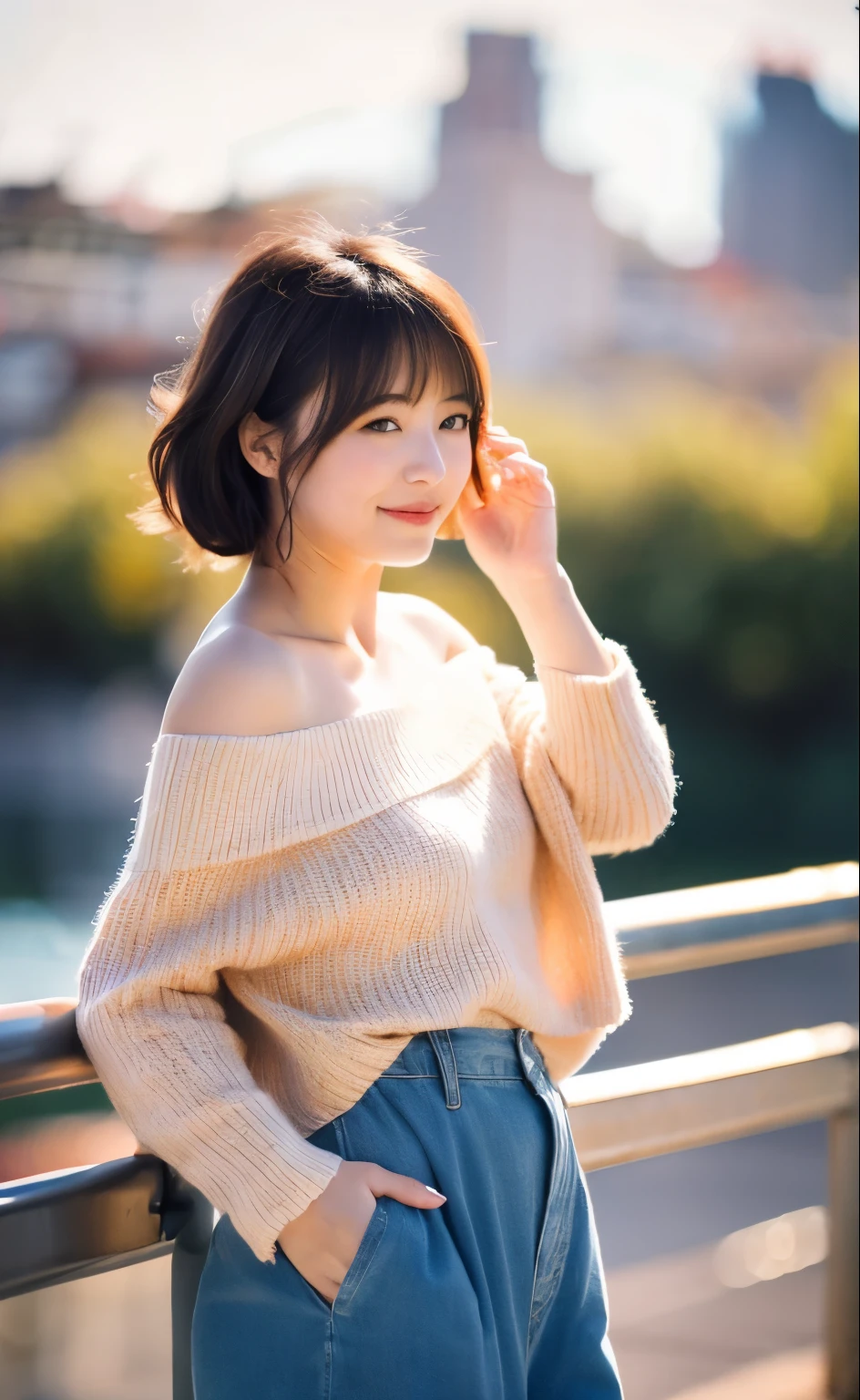1girl, (looking at viewer), (bokeh:1.1), closed mouth,light smile, realistic, off shoulder,
pants, skyline,
best quality, (photorealistic:1.4), ultra highres, llfMasami Nagasawa