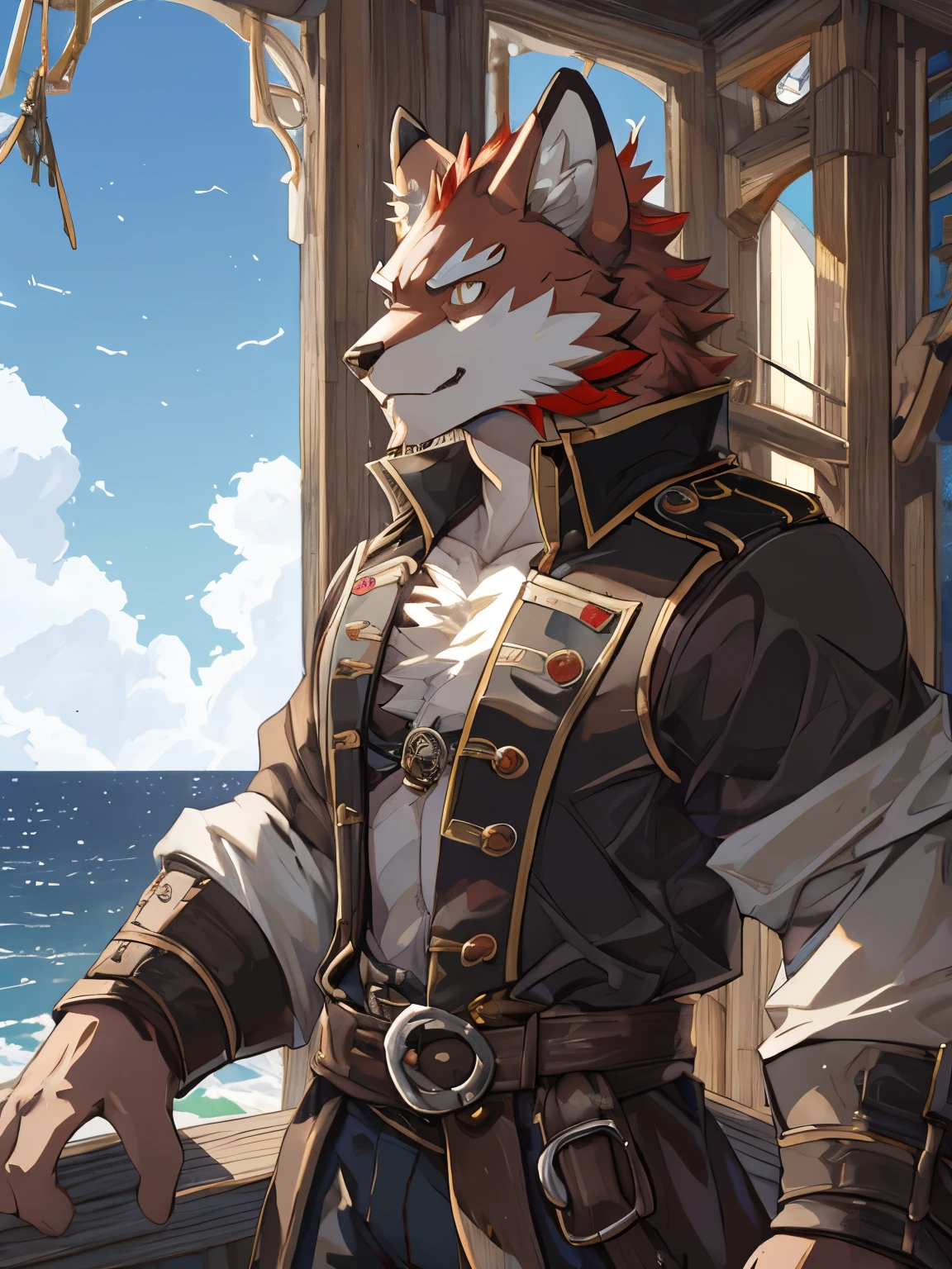 (Furry art, uploaded on e621: 1.4), Werewolf, grey and black fur, intense golden eyes, black pirate hat with peach feathers, red baron jacket with gold buttons and gold shoulders over a black shirt and a white frill tie, crab-like fangs and shell, masterpiece, best quality, (detail background), background sea, on on a pirate ship, (detail body), (perfect pulpils), standing, (masterpiece), (best quality), (ultra-detailed: 1.0), cool pose, (Clear, shiny:0,8), (1boy, solo), (solo_focus), detail fluffy fur, natural lighting, (male), anthro, (upscaling ratio: 2.10), detail background, perfect sky, detail fur, topless.