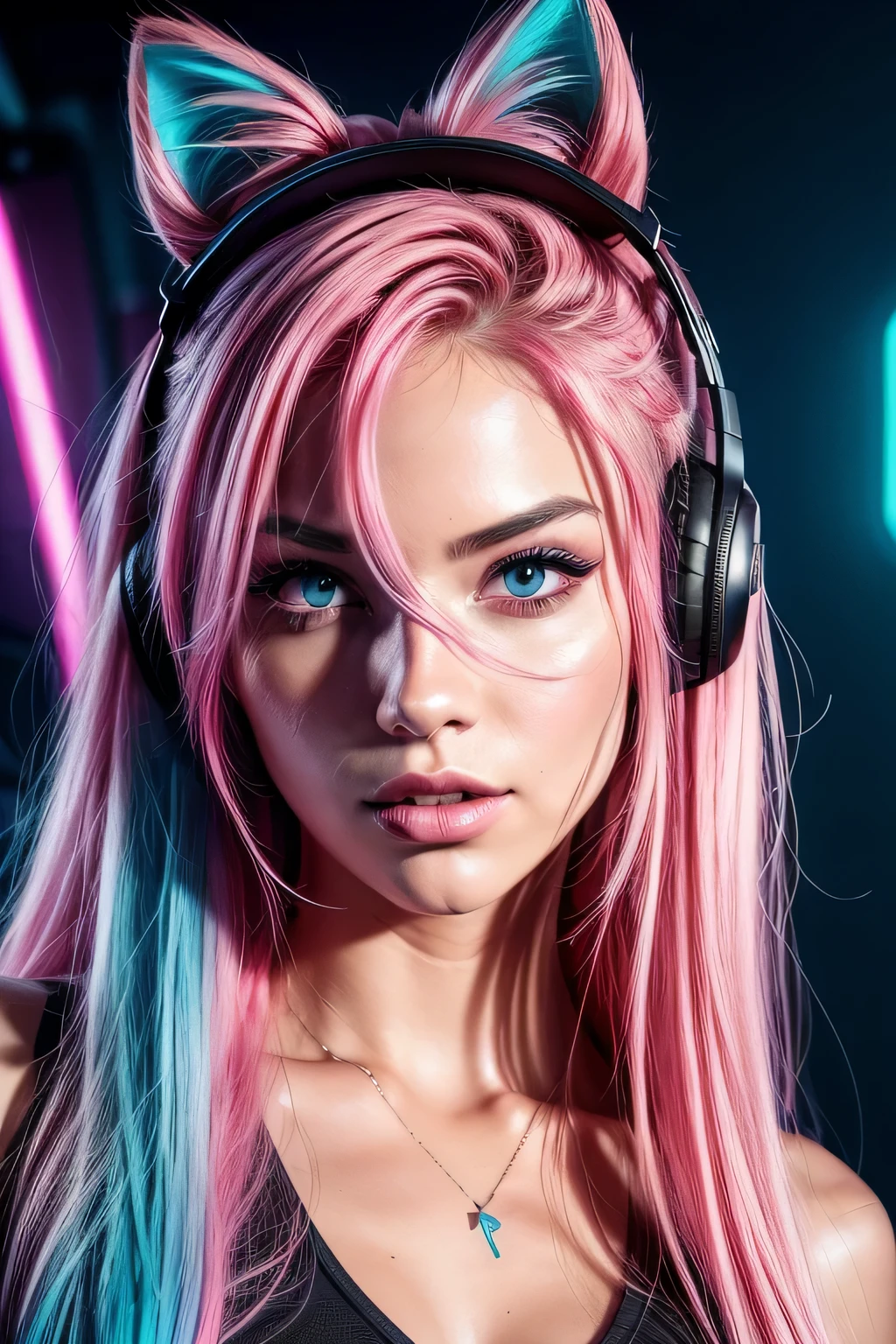 High-quality image, 8K, (photorealistic), (((Draw a realistic, high-resolution portrait of a woman with long hair)))(Make sure she is in a half-body pose and has a charming blush on her cheeks)(Create an image featuring a character with neon pink hair)(neon blue eyes)(The character should have vibrant, neon pink hair that stands out prominently) (Their eyes should be a striking shade of neon blue, adding a captivating visual element) (Ensure that these two characteristics are prominent in the overall composition) (Explore creativity in incorporating additional elements that complement the neon color palette) wearing headset cat ear, smile, facing at camera