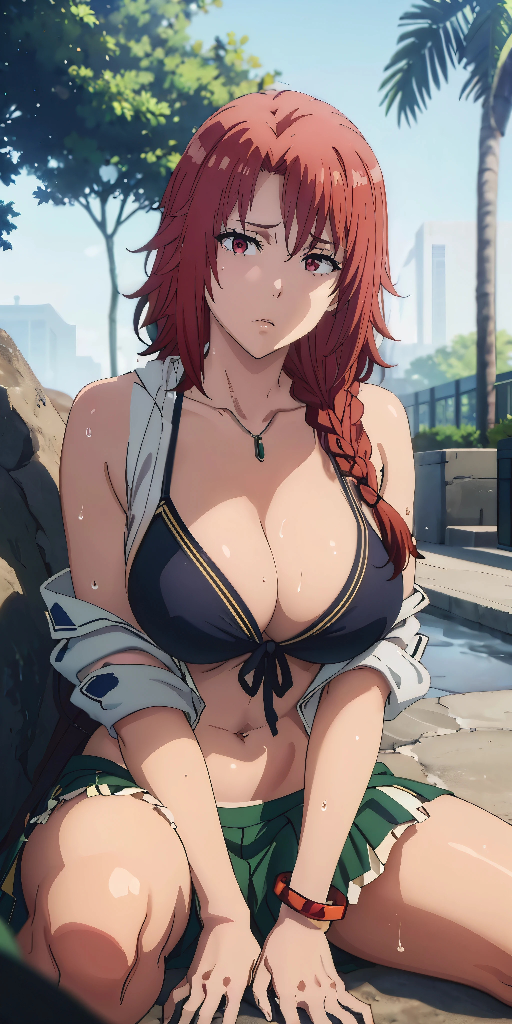 Iris, red hair, long hair, braid, red eyes, breasts, navel, jewelry, see-through, 1girl, wet_clothes, necklace, wet, large_breasts, tree, day, cleavage, nature, lips, outdoors, solo, shirt, skirt, bracelet, collarbone, grass, green_skirt, bare_shoulders, sitting, wet_shirt, looking_at_viewer, parted_lips, dutch_angle, thighs, bikini, glow effects, godrays, Hand drawn, render, 8k, octane render, cinema 4d, blender, dark, atmospheric 4k ultra detailed, cinematic, Sharp focus, big depth of field, Masterpiece, colors, 3d octane render, 4k, concept art, trending on artstation, hyperrealistic, Vivid colors, extremely detailed CG unity 8k wallpaper, trending on CGSociety, Intricate, High Detail, dramatic"",
