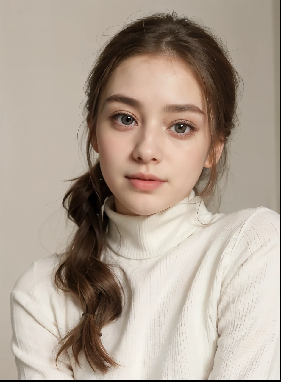 a woman with a white turtle neck sweater and a white sweater, dilraba dilmurat, soft flawless pale skin, beautiful aesthetic face, lovely delicate face, natural soft pale skin, attractive female face!!!, glowing porcelain skin, beautiful delicate face, pale round face, with cute - fine - face, portrait cute-fine-face, cute - fine - face