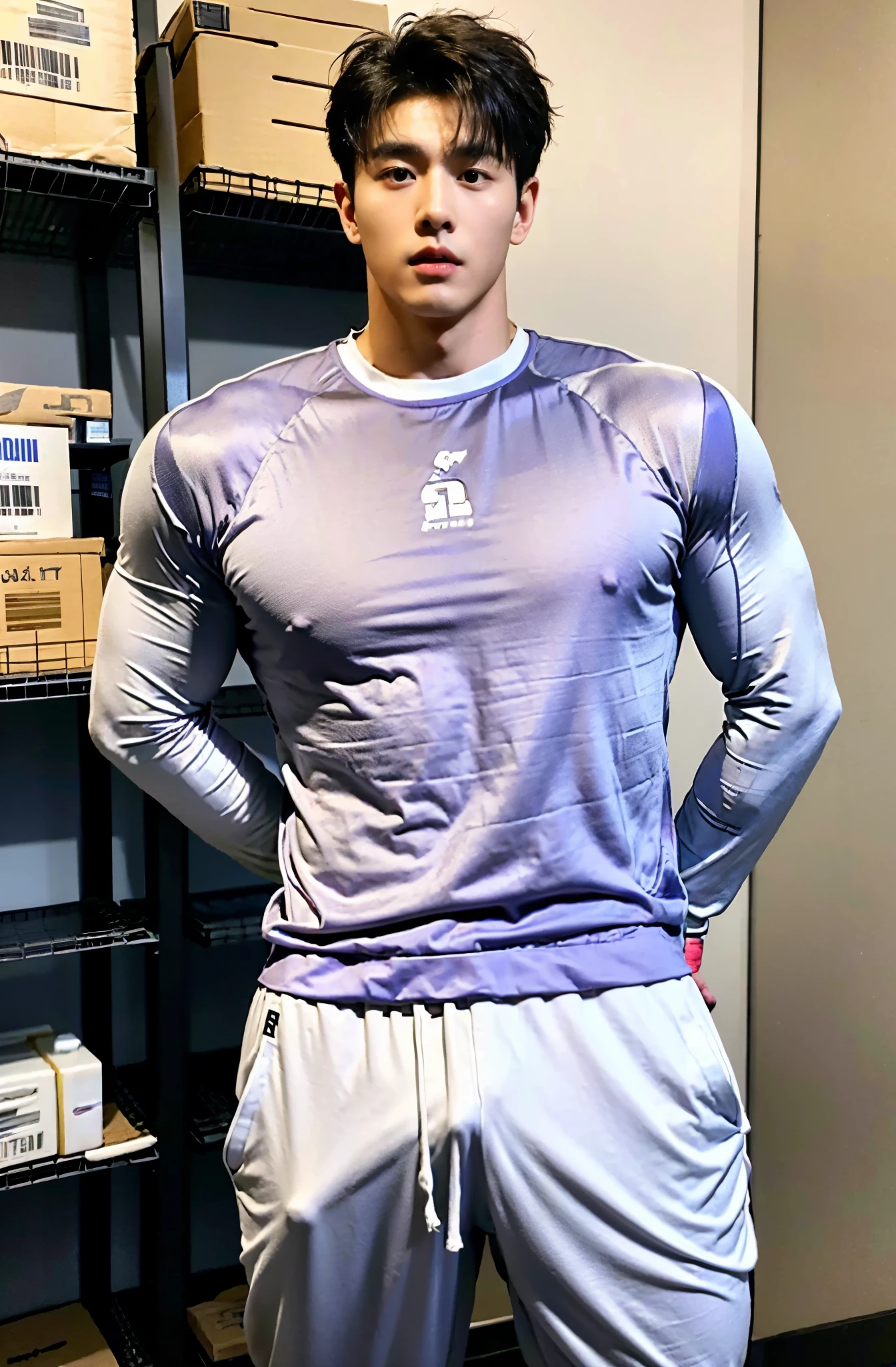 1 handsome Korean guy，21~25 years old，Athletic male model studying sports，Who is Shi Yu?, Li Yuanbin, Clothes with V-chests，Kim Hyung Tae, Kim Hyung Tae, tight shirt, Kim Hyung Tae, Yin Shishan, Handsome, Handsome guy with athletic physique，Broad shoulders and narrow waist，A handsome guy wearing a purple slim-fitting sportswear and white sweatpants，The neckline is slightly open, Form-fitting fabric contours the bust，in a remote warehouse，hands tied behind back。hands tied behind back，Masculine and handsome，High，Muscles look good，hairy body，Wheat complexion，black eyes（thin eyes 1：3），whole body image