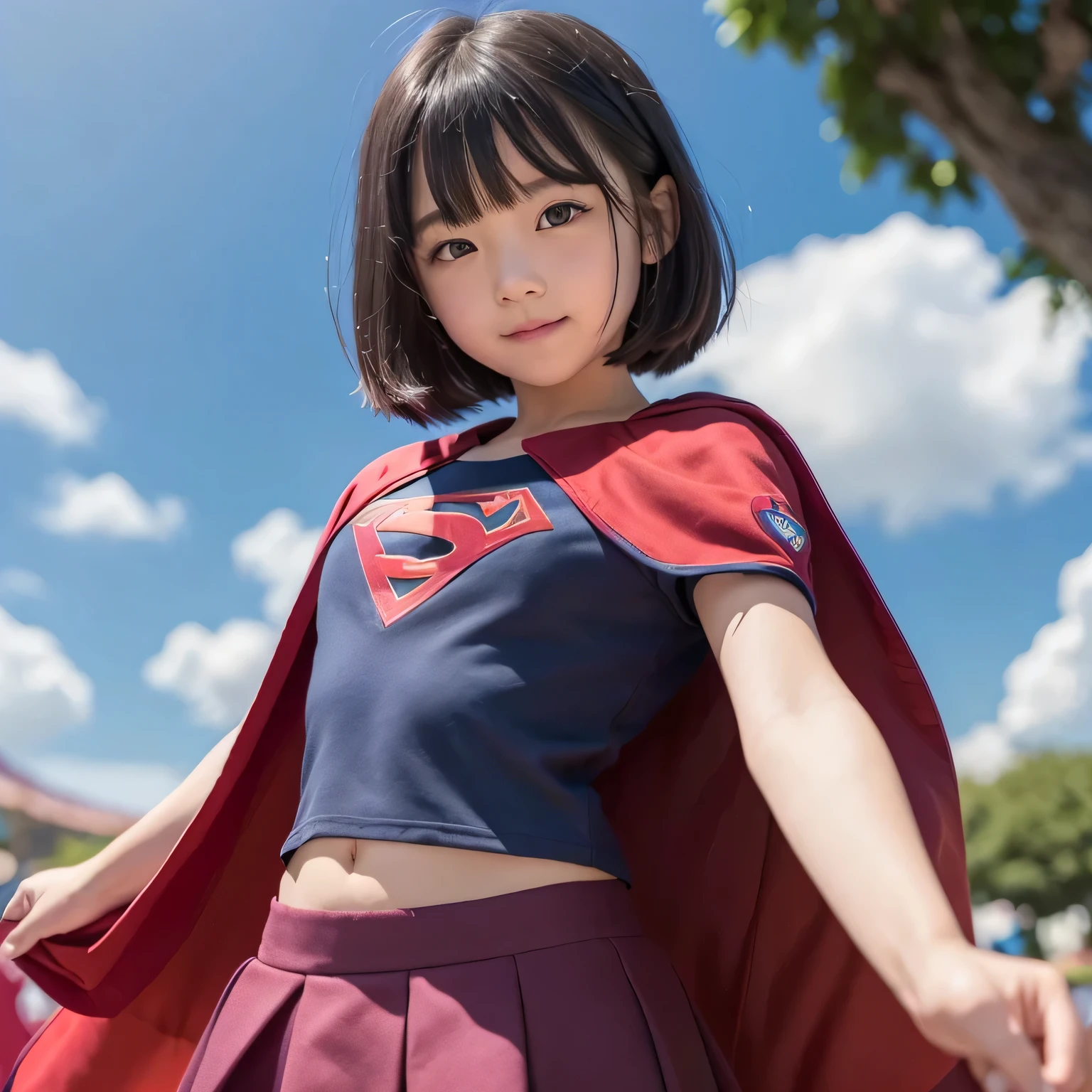 A very elementary school student is wearing Supergirl clothes..、masterpiece、highest quality、Spreading black hair、bob cut with trimmed ends、(flat chest)、lolicon、red cloak、short sleeve、belly button、many pink hearts、amusement park background、(whole body)、smile、please open your knees、Princess