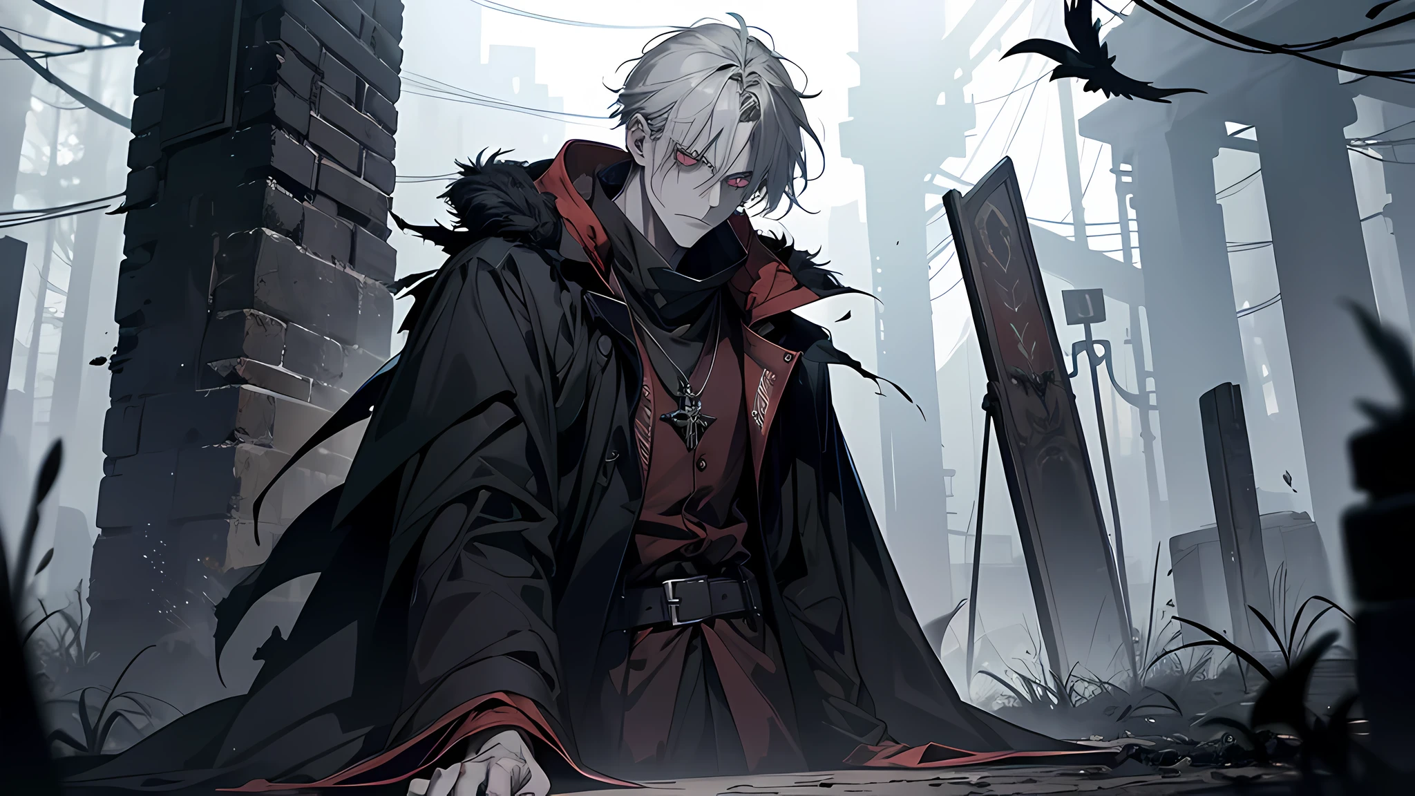 waist up, very old, half of the face deformed and melted, tall, two meters, black aura, scary, dirty, beggar, short gray hair, pale and wrinkled skin, sparse beard, yellowish pupils, hunched posture, penetrating and evil, torn clothes, cloak of raven feathers on the back, body covered with bands and hood, fog, dark gas station, horror, fear, scary, suspense, enigmatic, occultist, dark gothic, ominous and strangely macabre, magical, Soon, Treviong drooped his body on the floor and swayed. I try to greet but A powerless voice scattered in the wind. Trevion turned into gray dust and disappeared.