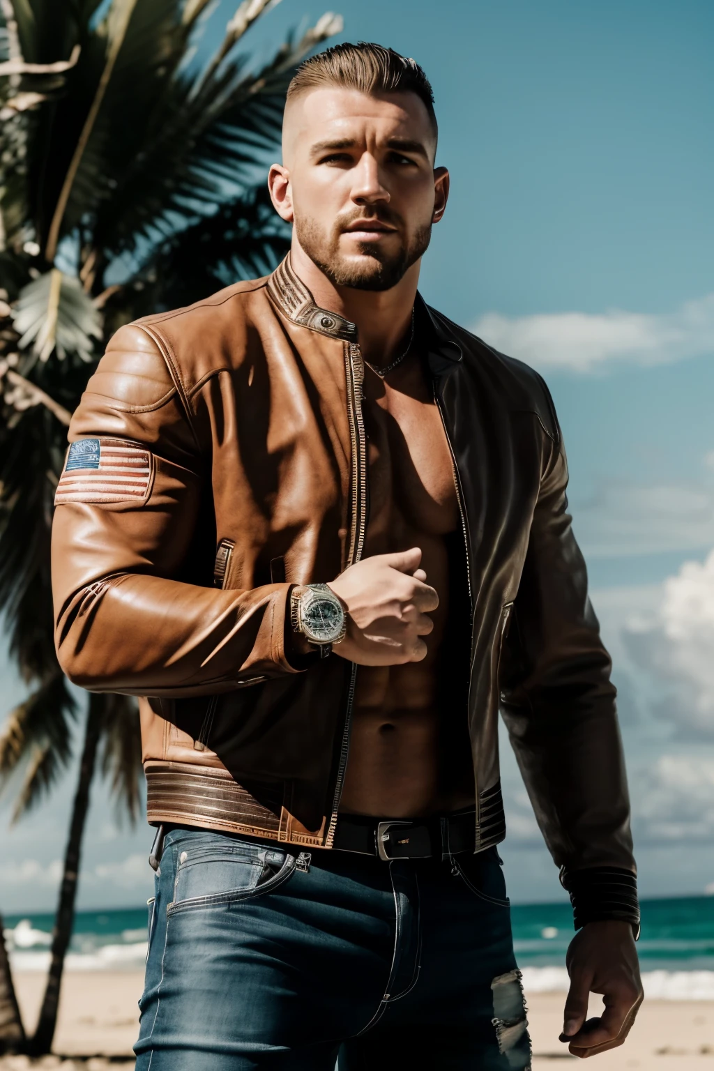 Foto RAW em sequencia, uma imagem de Travis Kelce adulto, ((flexing muscles, wearing an American flag leather jacket that highlights his majoicas and huge biceps muscles)), detalhes do rosto definidos, planos de fundo detalhados pouco desfocados, natural lighting, HDR, foto realista, foto profissional, flertando com o espectador, visual forte e masculino, fotorrealista, imponente, pele natural, 8k UHD, alta qualidade, grain de fil