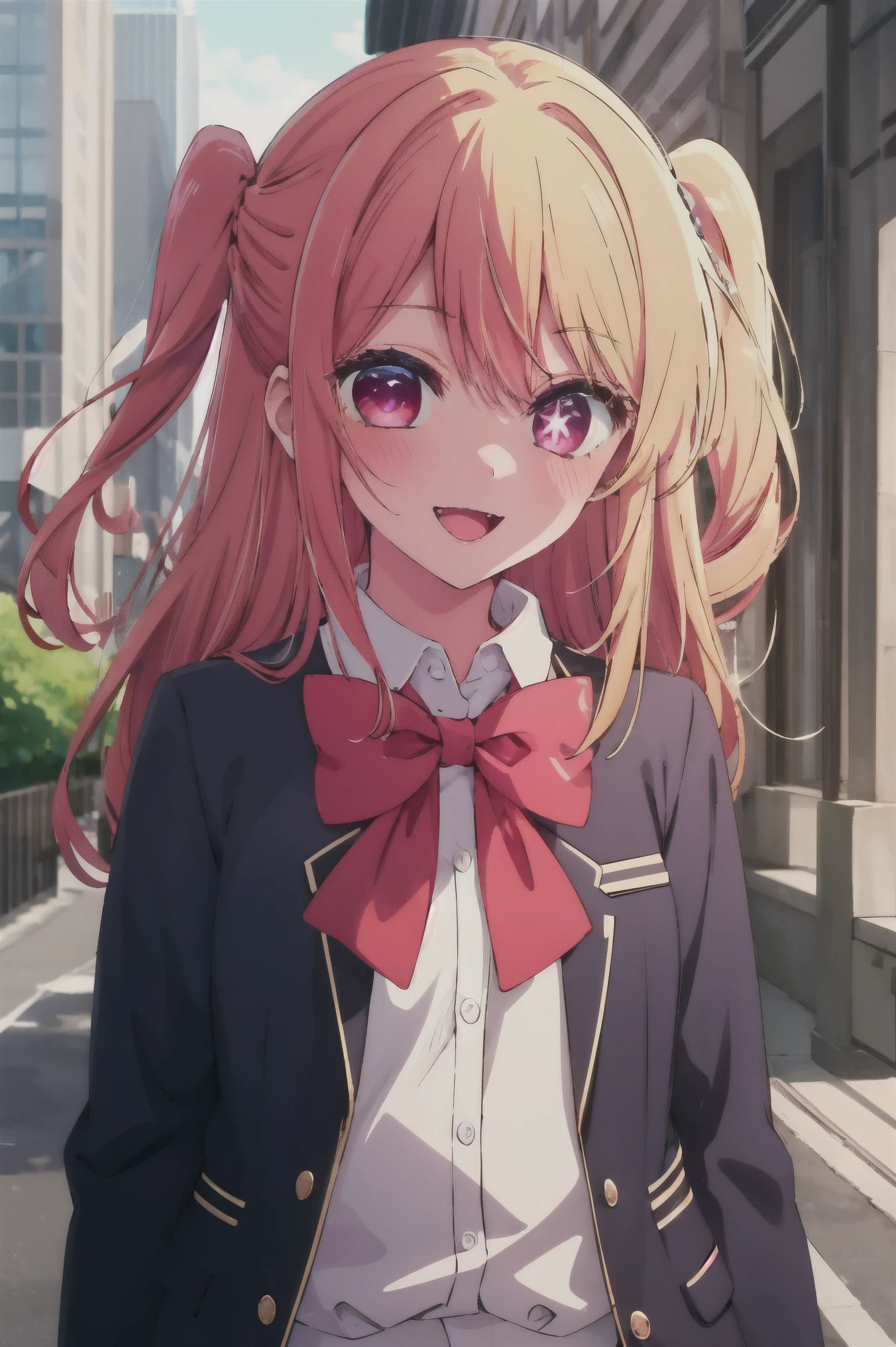 expensive body, expensive, long legs, mature female, mature, adult, it is_recommendation_Ruby, 1 girl, alone, blonde hair, shirt, bow, smile, long hair, school uniform, collared shirt, white shirt, looking at the viewer, open your mouth, Jacket, Upper body, colorful hair, bowtie, long sleeve, bangs, striped hair, pink bow, blue Jacket, outdoor, :d, red bow, pink eyes, red eyes, teeth, parody, blazer, wood, blurry, pink hair, side lock, blurry background, pink bowtie, one side up, red bowtie, upper teeth only, (((anime style))),8K,4K,(((2D))),Close-up,(((star eyes)))