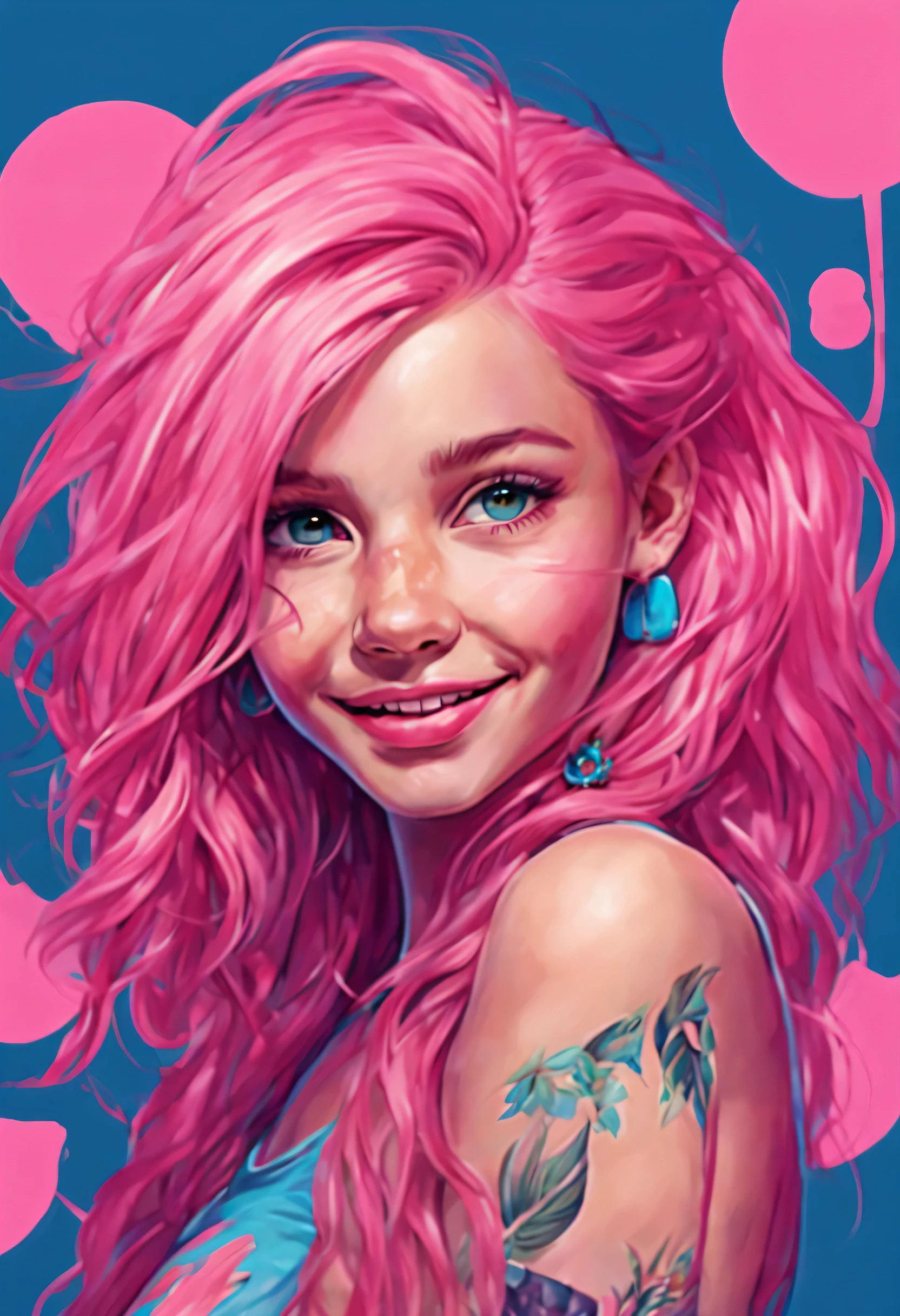 (((full-body)))(((Draw a realistic, high-resolution portrait of a young girl with a smile and long hair)))(Make sure she is in a full-body pose and has a charming blush on her cheeks)(Create an image featuring a character with neon pink hair)(neon blue eyes)(The character should have vibrant, neon pink hair that stands out prominently) (Their eyes should be a striking shade of neon blue, adding a captivating visual element) (Ensure that these two characteristics are prominent in the overall composition) (Explore creativity in incorporating additional elements that complement the neon color palette)(((full-body)))

