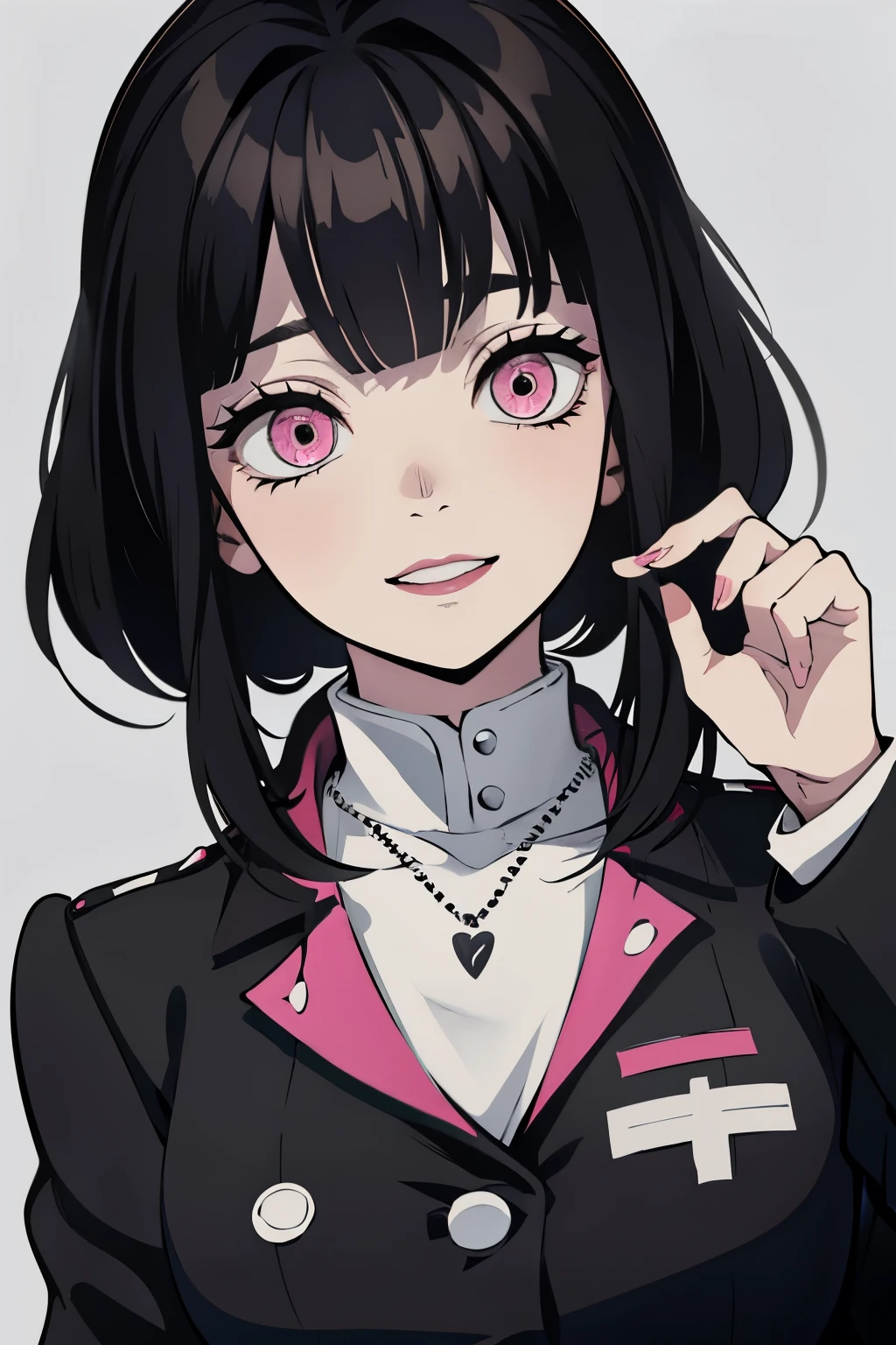 White Young woman, Ashley Graves Hairstyle, Pink eyes, Crazy face, Psicho smile, Demon slayer uniform, Sword, black hair, Black necklace