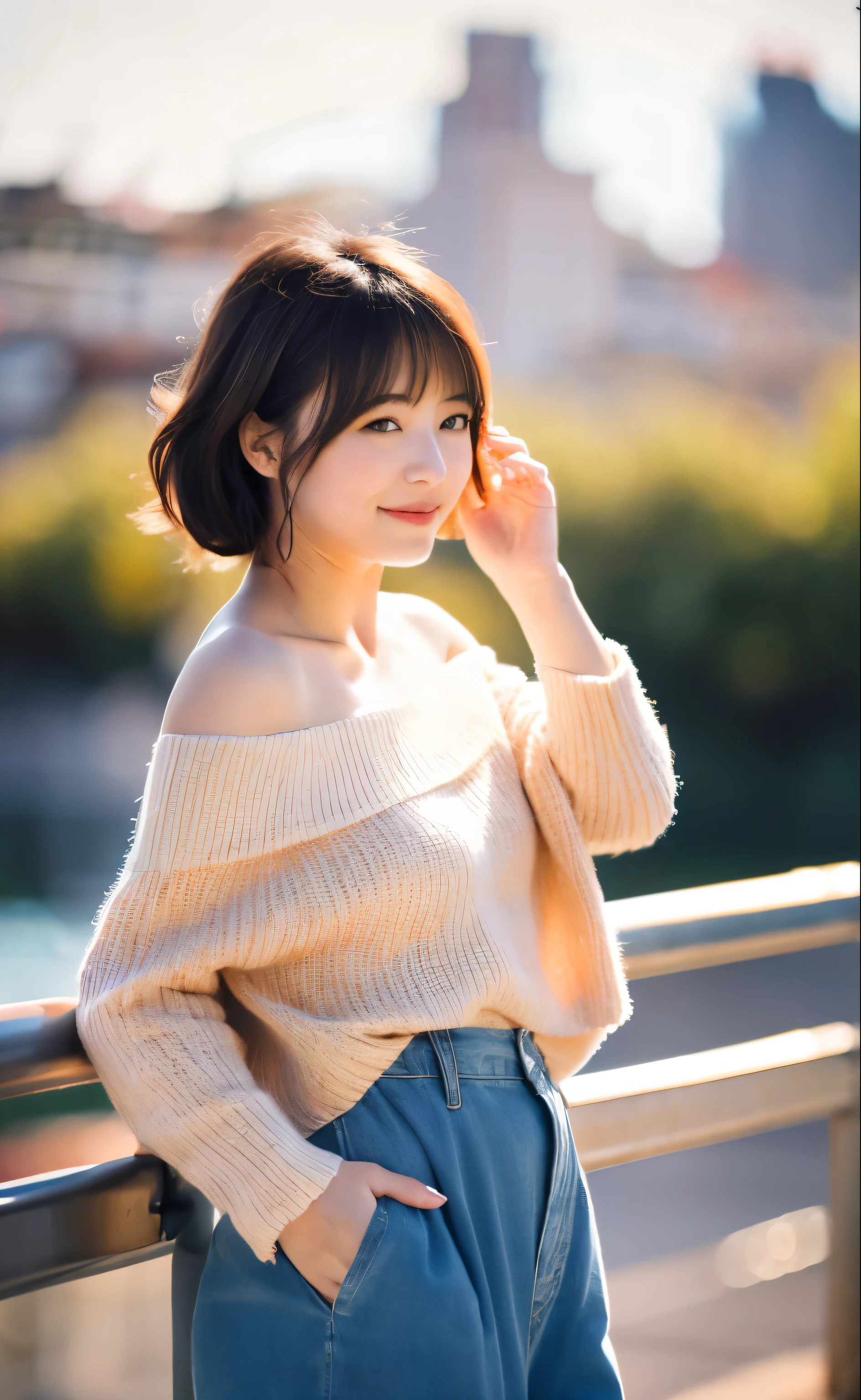 1girl, (looking at viewer),  (bokeh:1.1), closed mouth,light smile, realistic, off shoulder,
pants, skyline,
best quality, (photorealistic:1.4), ultra highres, llfMasami Nagasawa