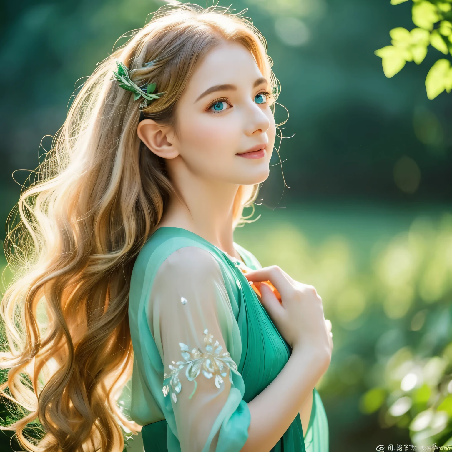 Long blond hair elf girl with enchanting blue eyes wearing a green dress,A tuft of curly hair caresses her face.,White porcelain skin that shines with a soft air-like luster,Delicate features that exude elegance and beauty,Natural make-up that highlights her enchanting eyes,Thin eyebrows arched upward elegantly,Long, fluttering eyelashes frame her captivating gaze,Cheeks adorned with a subtle rosy blush,Plump, rosy lips that make you smile,her eyes reflect curiosity and wisdom,Intricate crown of green leaves on flowing hair,A green dress decorated with delicate embroidery and sparkling jewels,flowing sleeves on her arms,The soft and airy fabric gracefully hugs her slender figure.,A forest full of magical creatures as a backdrop,The sunlight filtering through the leaves shines through the bright leaves.、Gives off a warm and enchanting glow。,A whispering wind gently rustles the leaves、enhances the magical atmosphere,A faint ray of sunlight illuminates her shining presence, Vibrant shades of green and blue blend in with the surrounding environment,Evokes a sense of tranquility and magic, as if you belong to a mystical realm。, hint at the story that will unfold from now on.
information
