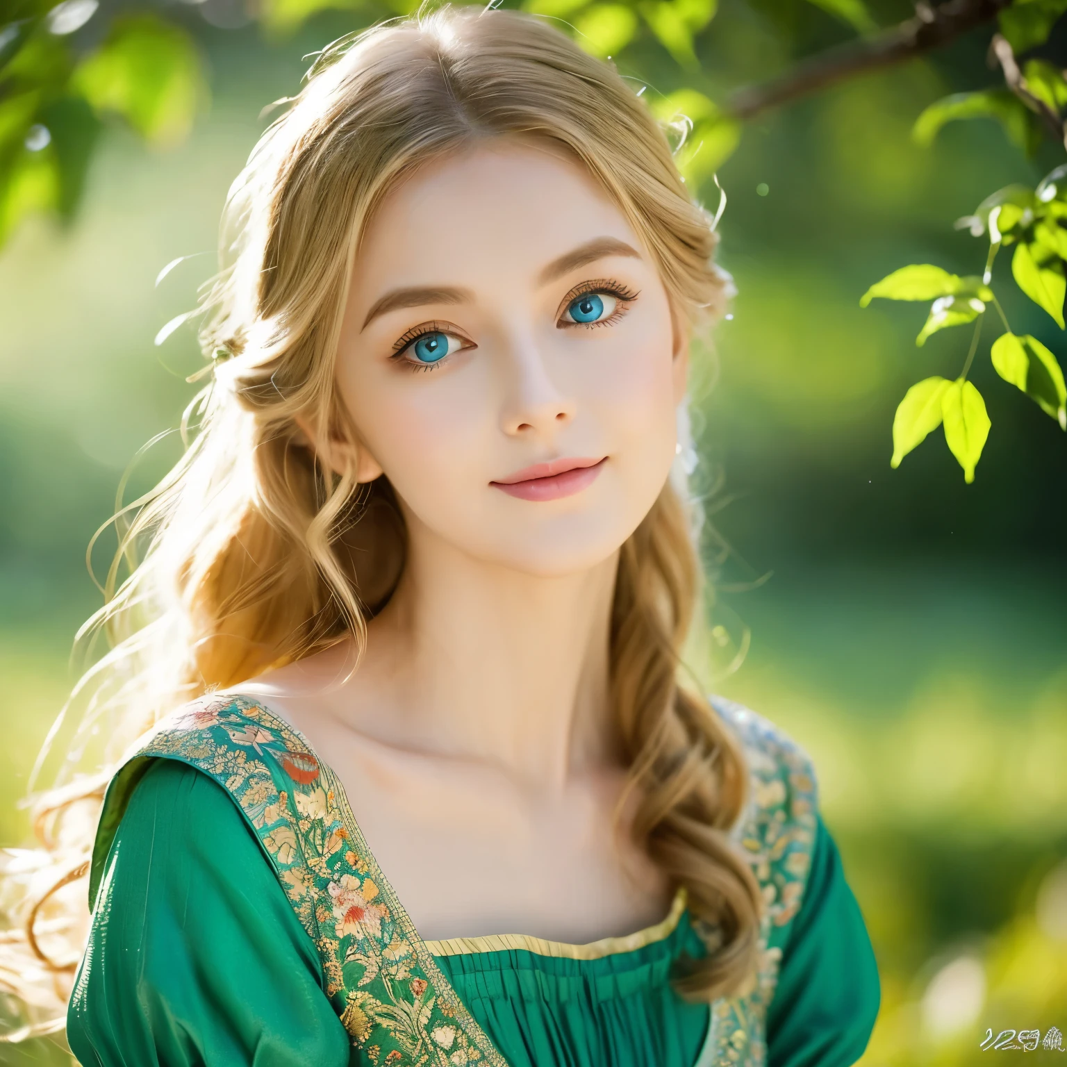 Long blond hair elf girl with enchanting blue eyes wearing a green dress,A tuft of curly hair caresses her face.,White porcelain skin that shines with a soft air-like luster,Delicate features that exude elegance and beauty,Natural make-up that highlights her enchanting eyes,Thin eyebrows arched upward elegantly,Long, fluttering eyelashes frame her captivating gaze,Cheeks adorned with a subtle rosy blush,Plump, rosy lips that make you smile,her eyes reflect curiosity and wisdom,Intricate crown of green leaves on flowing hair,A green dress decorated with delicate embroidery and sparkling jewels,flowing sleeves on her arms,The soft and airy fabric gracefully hugs her slender figure.,A forest full of magical creatures as a backdrop,The sunlight filtering through the leaves shines through the bright leaves.、Gives off a warm and enchanting glow。,A whispering wind gently rustles the leaves、enhances the magical atmosphere,A faint ray of sunlight illuminates her shining presence, Vibrant shades of green and blue blend in with the surrounding environment,Evokes a sense of tranquility and magic, as if you belong to a mystical realm。, hint at the story that will unfold from now on.
information
