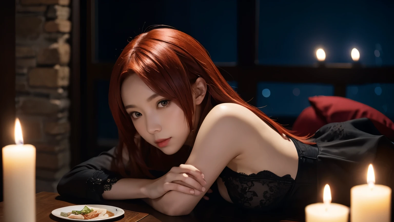 Izayoi Aki, Yu-Gi-Oh 5ds, Red Hair, Sexy, Submission, Dark Romantic, Night, Dinner, Candles, High Details, Ultra HD, 4K