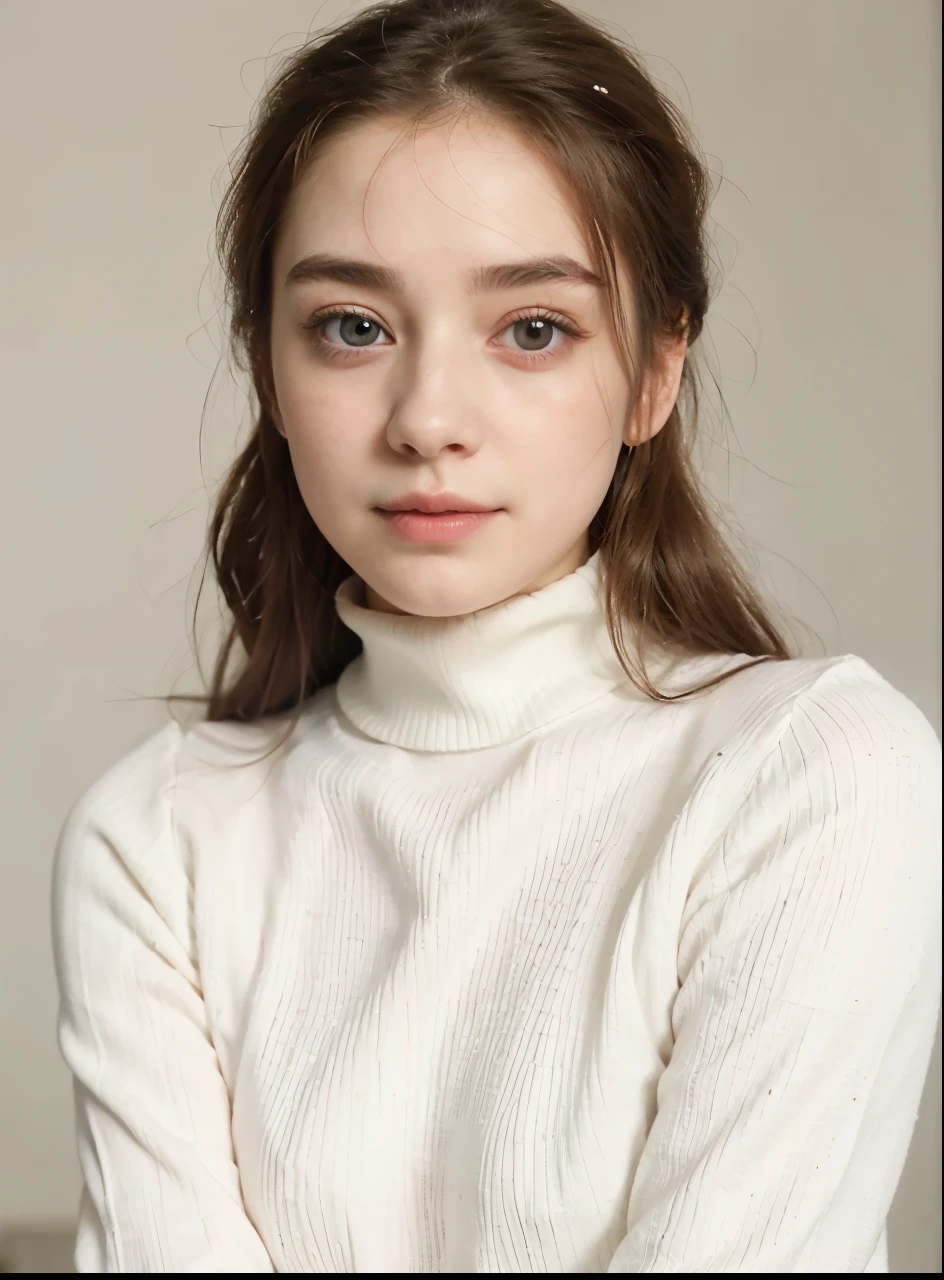 a woman with a white turtle neck sweater and a white sweater, dilraba dilmurat, soft flawless pale skin, beautiful aesthetic face, lovely delicate face, natural soft pale skin, attractive female face!!!, glowing porcelain skin, beautiful delicate face, pale round face, with cute - fine - face, portrait cute-fine-face, cute - fine - face