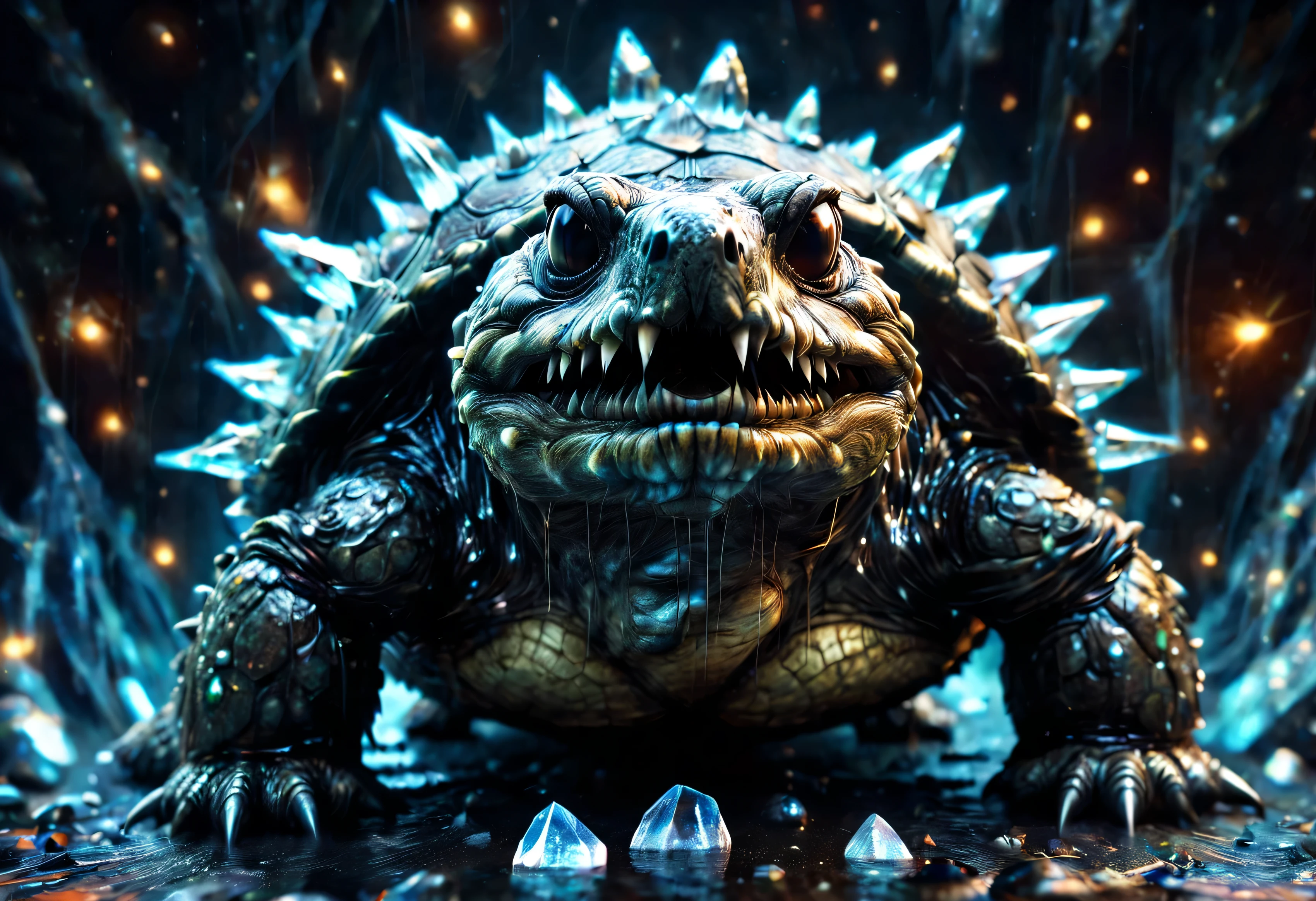 Cartoon illustration of angry snapping-turtle with hoof studded in crystals, Portrait of a cartoon animal, magical character, official illustration, (creepy, scary) portrait of a ferocious turtle with hoof studded in crystals, ultra detailed sharp lines high saturation