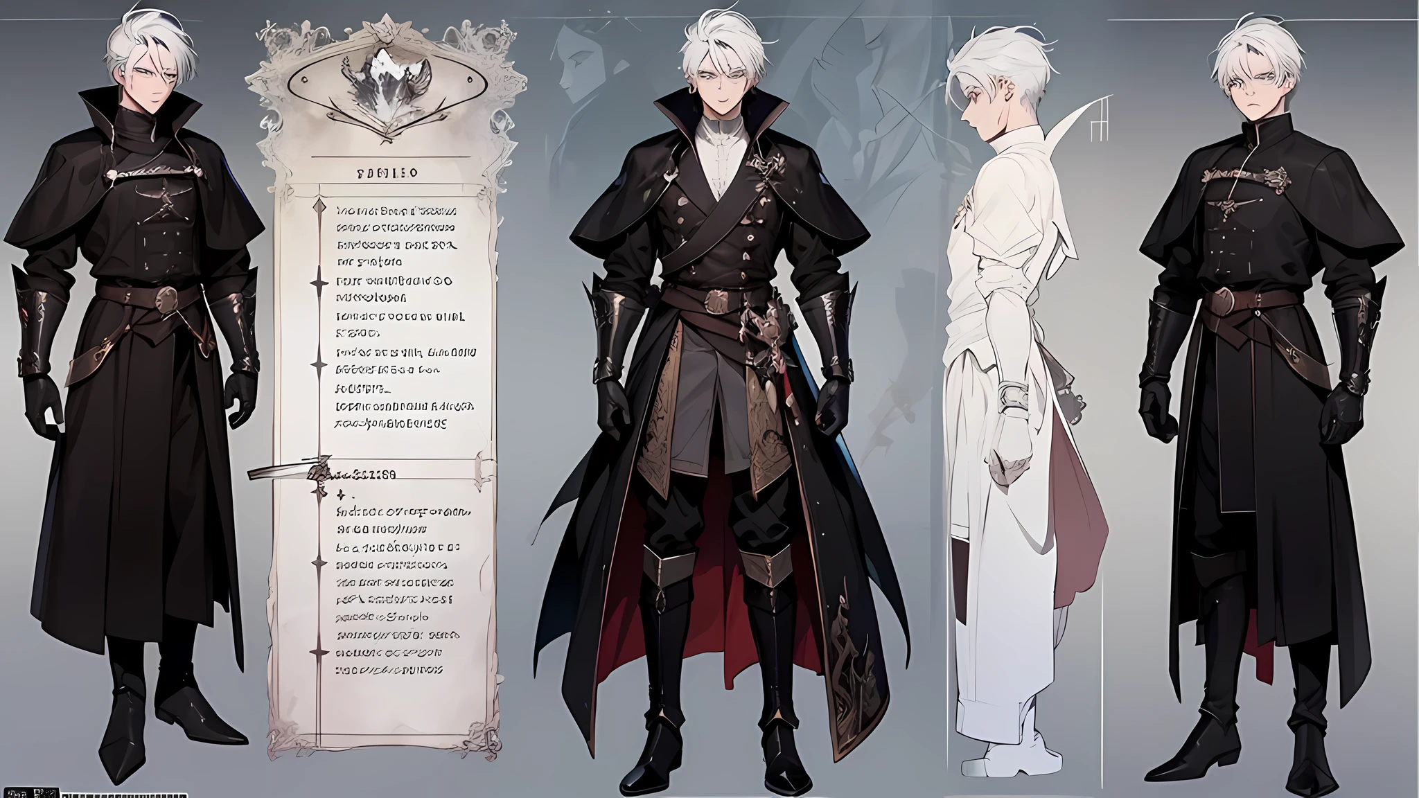 1 boy, solo, white hair, short hair, gray eyes, black shirt, metal cuffs, black gloves, high boots, metal gloves, medieval theme, looking at viewer, fantasy art, beautiful painting, guwaika style, epic exquisite character art, stunning characters, (reference sheet:1.5), The system said Congratulations that You have defeated  Trevion of Evil level 80  and gained experience. Level Up has increased to 25 and Acquire 10 stats,  You have accomplished the achievement  Beginning of a Legend
