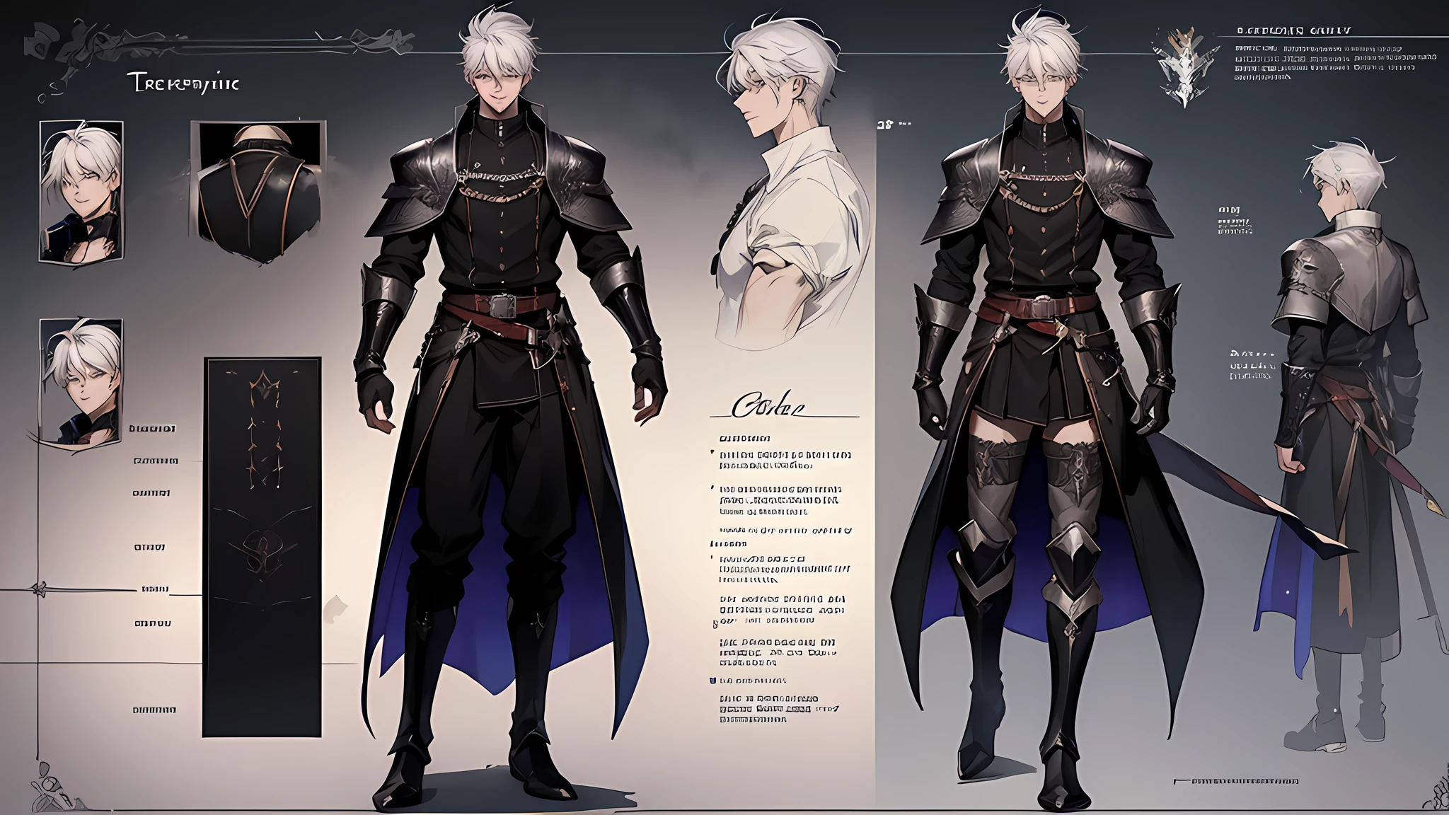 1 boy, solo, white hair, short hair, gray eyes, black shirt, metal cuffs, black gloves, high boots, metal gloves, medieval theme, looking at viewer, fantasy art, beautiful painting, guwaika style, epic exquisite character art, stunning characters, (reference sheet:1.5), The system said Congratulations that You have defeated Trevion of Evil level 80 and gained experience. Level Up has increased to 25 and Acquire 10 stats, You have accomplished the achievement Beginning of a Legend
