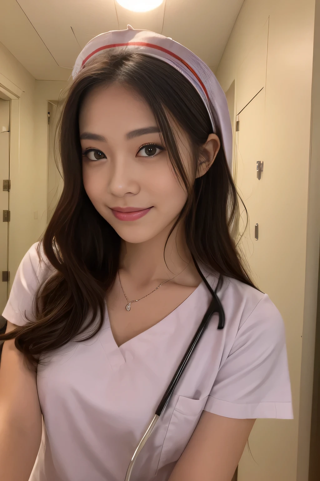 ((highest quality、8K、masterpiece:1.3))、sharp:1.2、perfect body beauty:1.4、slim abs:1.2、big、beautiful face、laughter、((nurse:1.3))、(hospital room background:1.2)、straight hair、Highly detailed face and skin texture、fine eyes、look at the camera、
