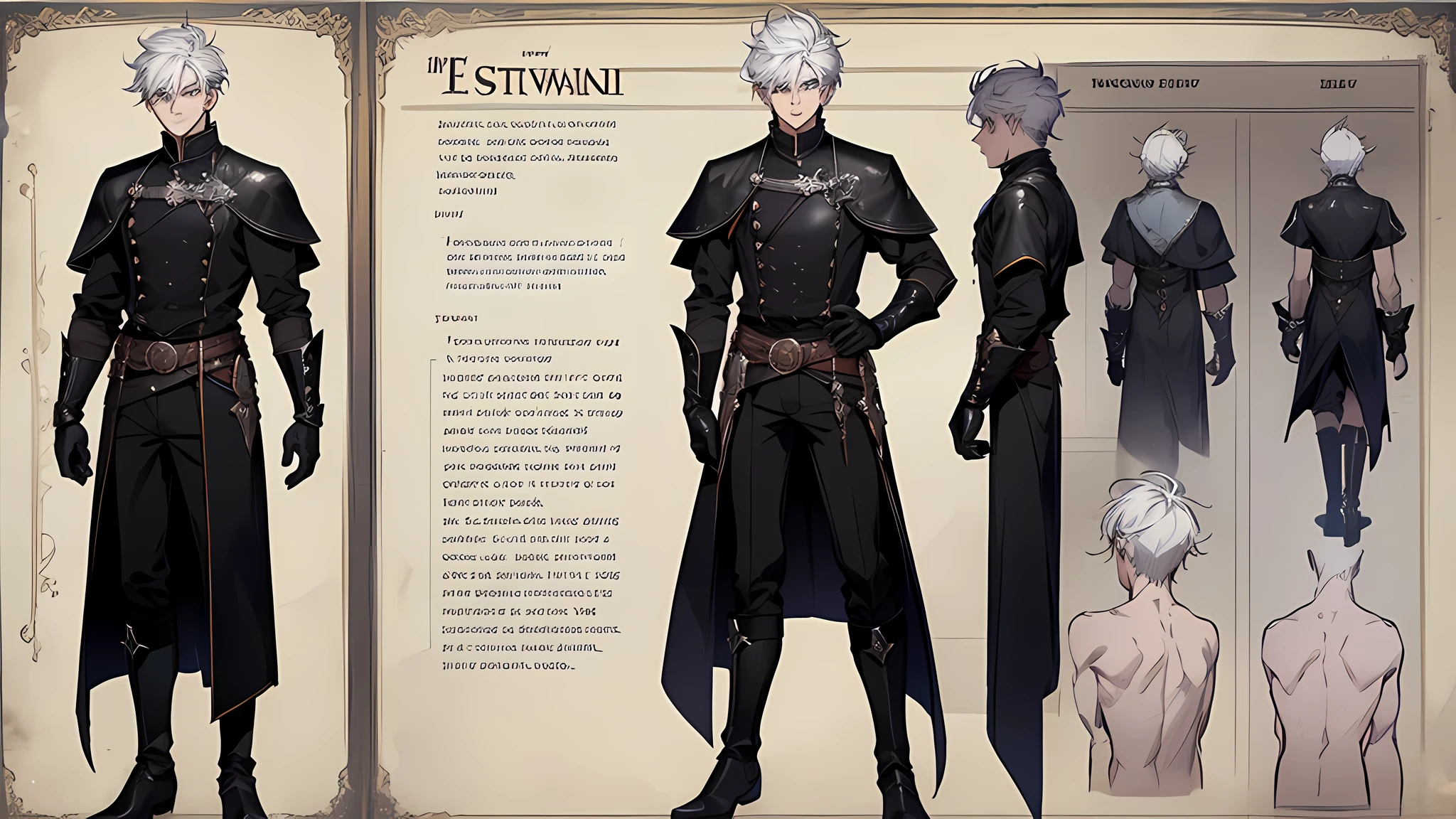 1 boy, solo, white hair, short hair, gray eyes, black shirt, metal cuffs, black gloves, high boots, metal gloves, medieval theme, looking at viewer, fantasy art, beautiful painting, guwaika style, epic exquisite character art, stunning characters, (reference sheet:1.5), The system said Congratulations that You have defeated Trevion of Evil level 80 and gained experience. Level Up has increased to 25 and Acquire 10 stats, You have accomplished the achievement Beginning of a Legend