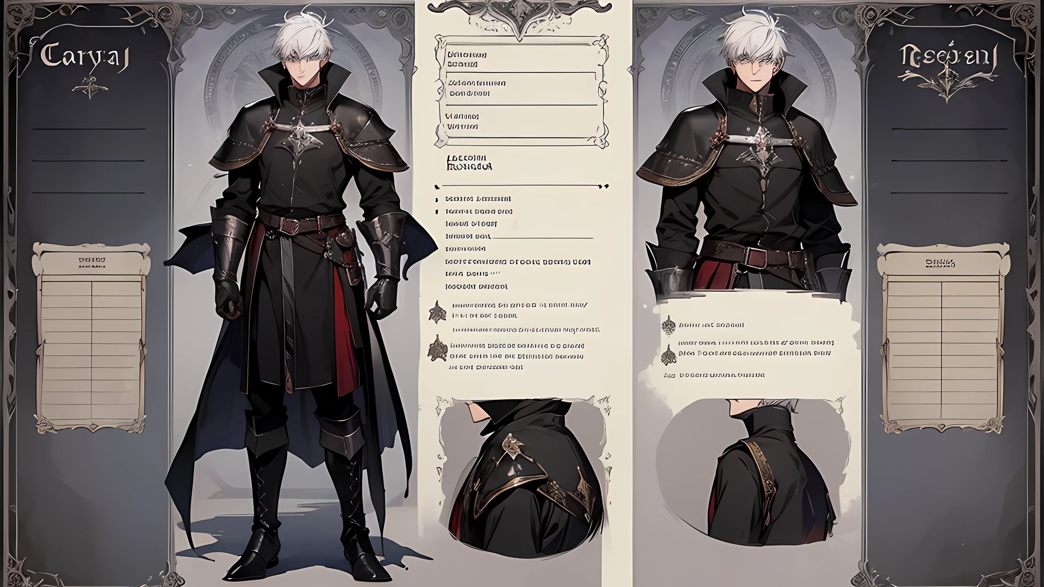 1 boy, solo, white hair, short hair, gray eyes, black shirt, metal cuffs, black gloves, high boots, metal gloves, medieval theme, looking at viewer, fantasy art, beautiful painting, guwaika style, epic exquisite character art, stunning characters, (reference sheet:1.5), The system said Congratulations that You have defeated Trevion of Evil level 80 and gained experience. Level Up has increased to 25 and Acquire 10 stats, You have accomplished the achievement Beginning of a Legend