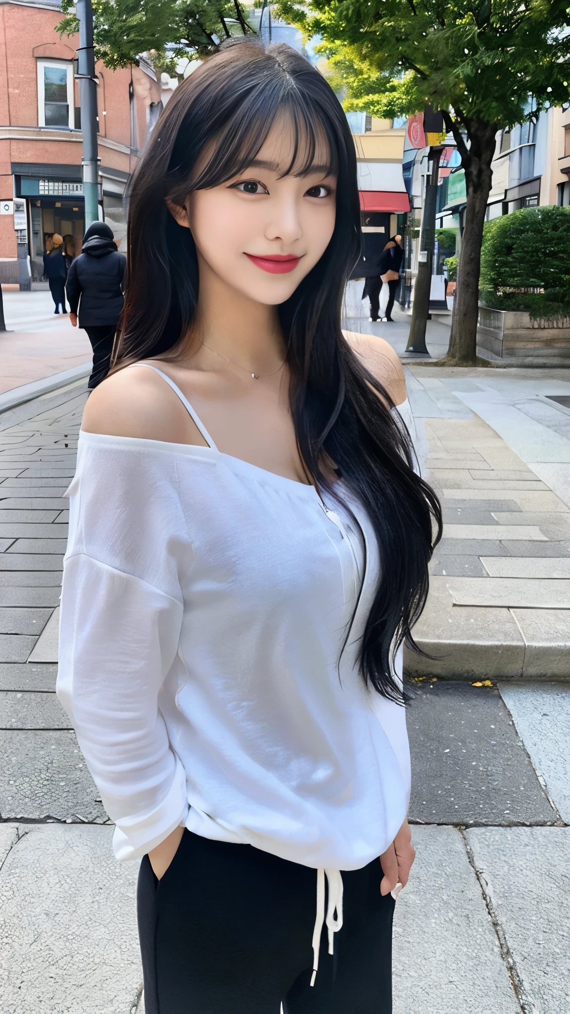 (8 thousand、top quality、masterpiece:1.2)、(realistic、realistic:1.9)、(laugh:0.2)、medium chest、beautiful and delicate eyes、full body sbian、(alone:1.8)、(look at the audience:1.3)、hair on wet hair、Smiling on a quiet street in the park、shoulder height short hair、The end of the hair touches the shoulder and then bounces up in a U shape...、Loose curly hair,、light bangs、I have bangs、Beautiful black haired woman in her 20s。No Man'so cute.、There is a sophisticated atmosphere。walking on the white sidewalk,、He looked around gracefully.......、Unlike the busy atmosphere of the city、、、、、、Radiates quiet beauty。그녀의 laugh는 주변 사람들에게도 있다々that'displayed々continues々This is、々This is、々This is、々Gives you a happy feeling, fashionista, basketball gym
