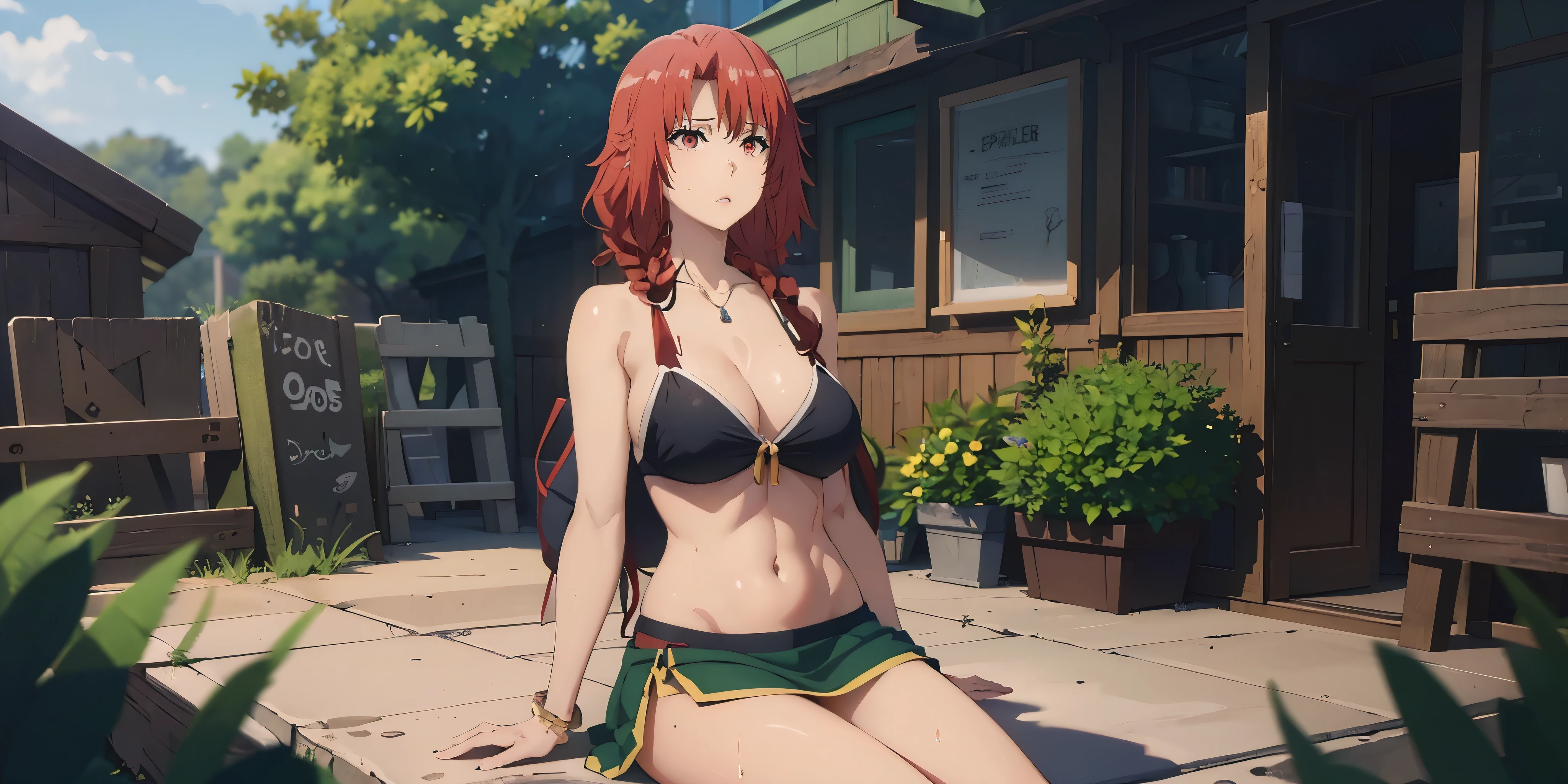 Iris, red hair, long hair, braid, red eyes, breasts, navel, jewelry, see-through, 1girl, wet_clothes, necklace, wet, large_breasts, tree, day, cleavage, nature, lips, outdoors, solo, shirt, skirt, bracelet, collarbone, grass, green_skirt, bare_shoulders, sitting, wet_shirt, looking_at_viewer, parted_lips, dutch_angle, thighs, bikini, glow effects, godrays, Hand drawn, render, 8k, octane render, cinema 4d, blender, dark, atmospheric 4k ultra detailed, cinematic, Sharp focus, big depth of field, Masterpiece, colors, 3d octane render, 4k, concept art, trending on artstation, hyperrealistic, Vivid colors, extremely detailed CG unity 8k wallpaper, trending on CGSociety, Intricate, High Detail, dramatic"", (excessive pubic hair:1.4)
