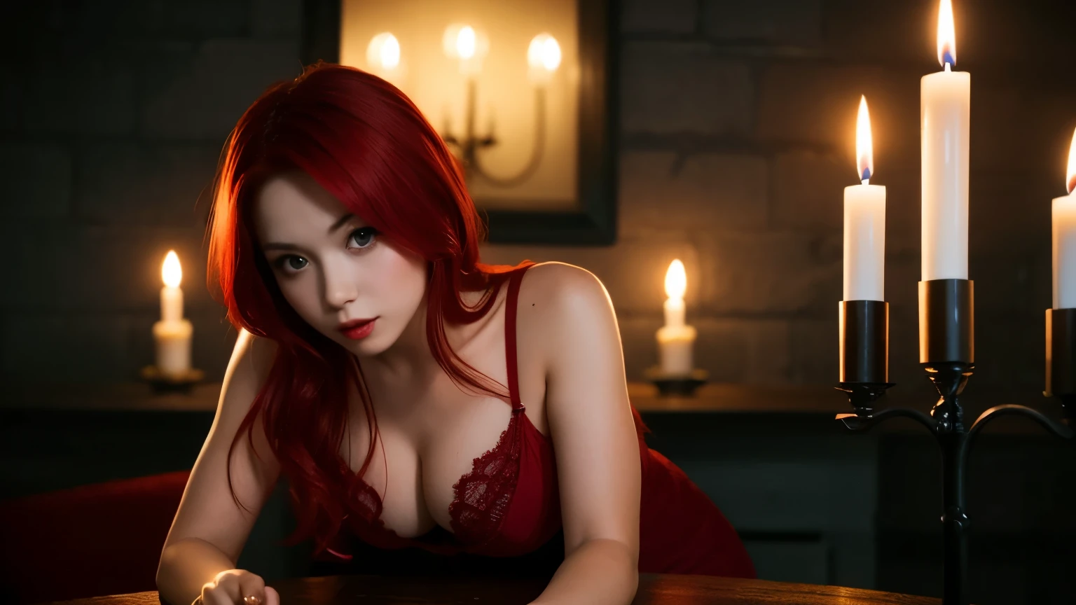 Red Hair, Sexy, Submission, Dark Romantic, Night, Dinner, Candles, High Details, Ultra HD, 4K