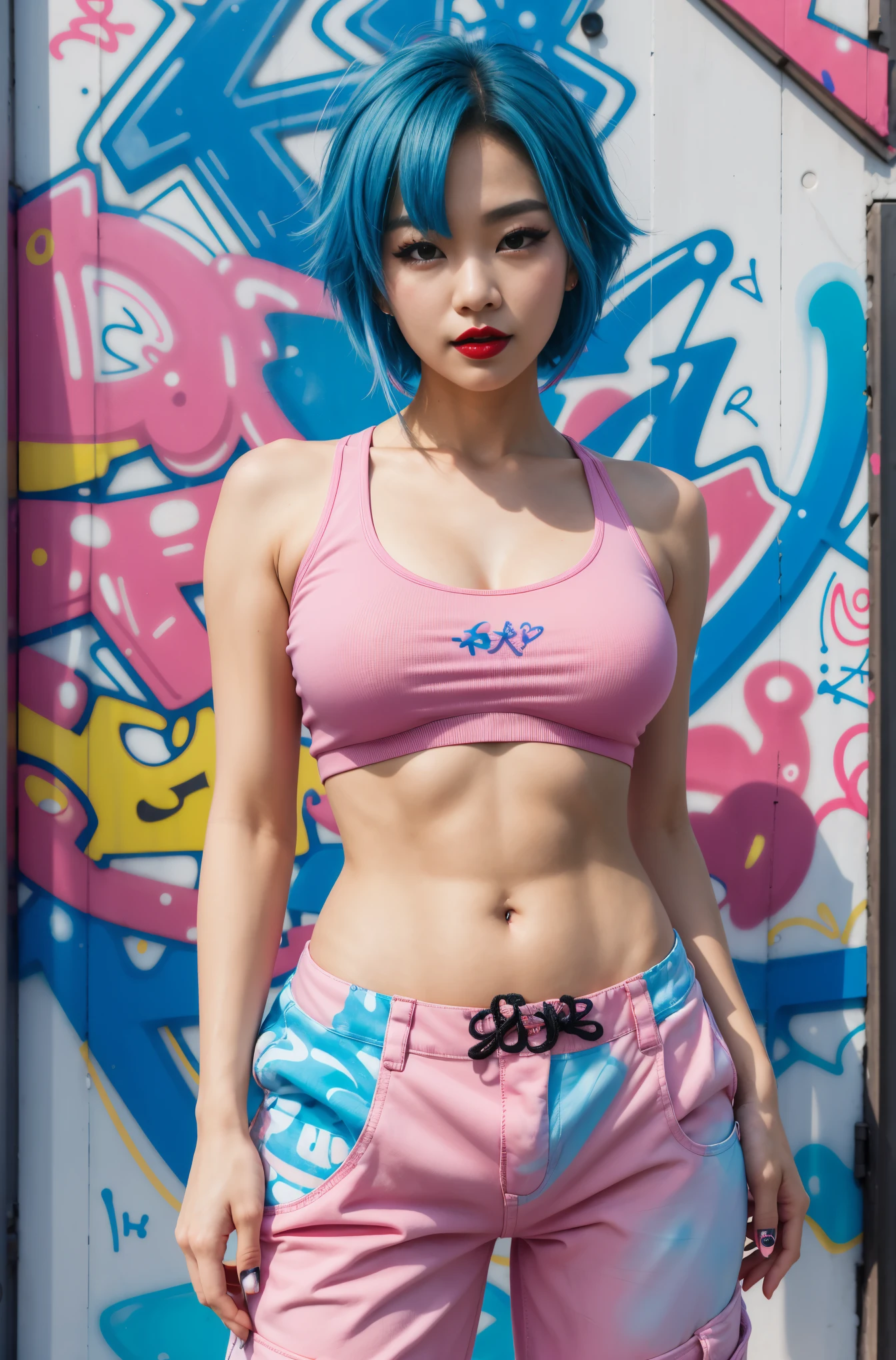 best quality, Clarity, 4k, 8k, detail, actual, Beautiful Girl, Korean makeup, Red lips, pink and blue hair, Perfect body, thigh, stand, pose standing, medium chest, Graffiti tank top, Pink and Blue Cargo Box Pants, Solid graffiti wall background, Graffiti art,
