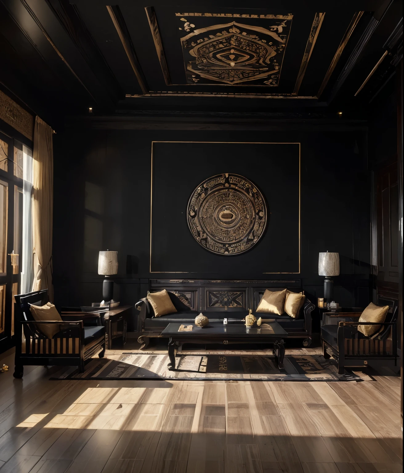 ((Best quality, 8k, Masterpiece :1.3)) (living room indochina BLACK Wood design: 1.3) glossy black wooden furniture , sofa , plaster ceiling , glossy mable floor , ink art , wall panel