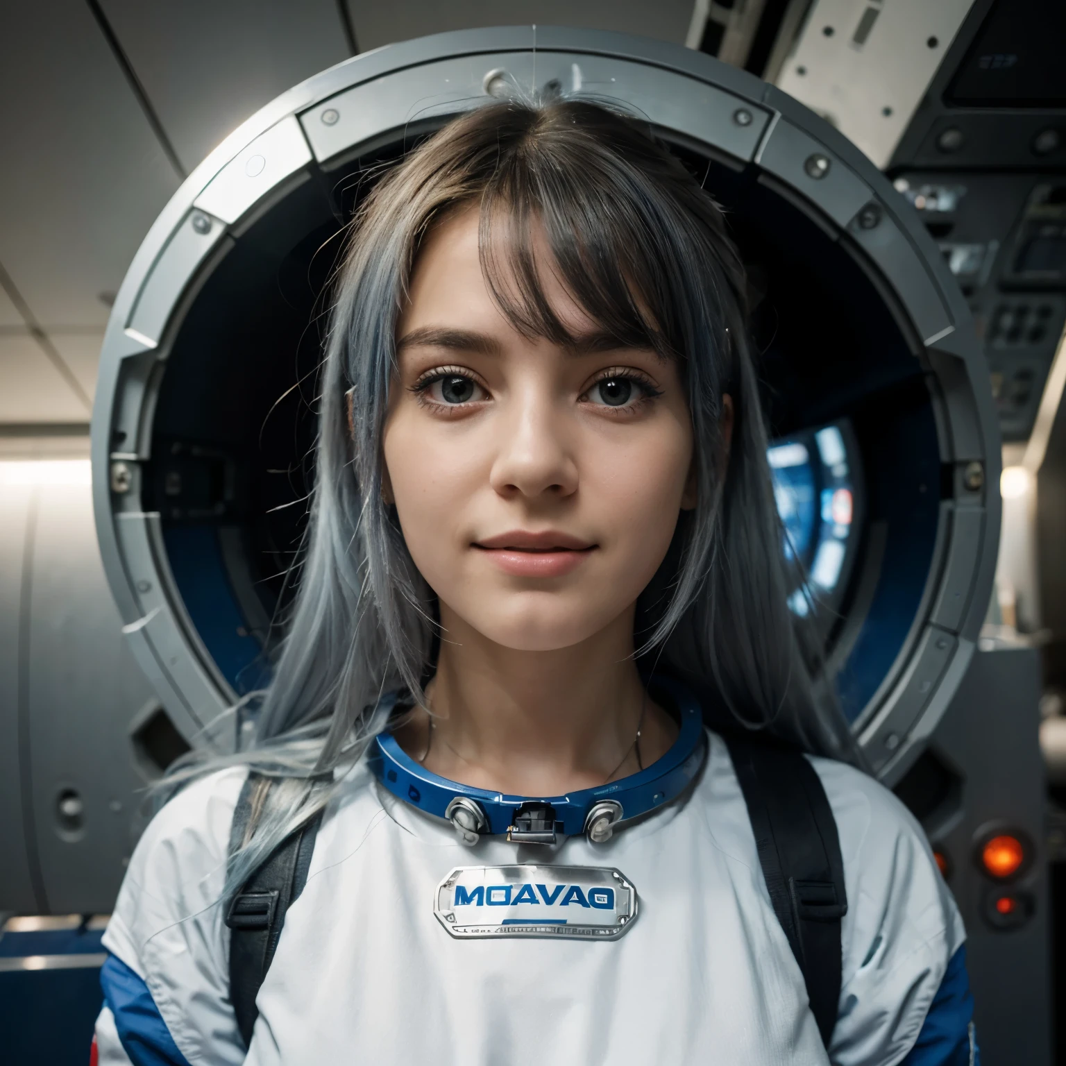 ((unparalleled masterpiece, best quality, perfect artwork)), 1girl, very messy hair, blue | silver hair, very long hair, solo, (space), ((spacecraft)), (spacesuit), light red eyes, smile, floating hair:1.2, opened mouth, (looking at viewer,) indoors, flushed, cute, 15 years old, shy, bright lighting, big breasts