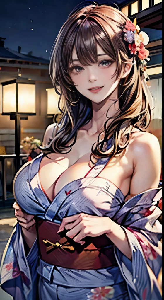 (2girls:1.5), Beautiful girl of the highest grade, Open smiling mouth slightly, Realistic, extremely detailed CG unified 8k wallpaper, highly detailed, High-definition raw color photos, professional photograpy, Realistic portrait, Cinematic Light, Beautiful detailed, (Big breasts:1.5), (cleavage of the breast:1.2), (Bare shoulders), (Floral yukata with wide open chest:1.5), bared chest, Outdoors, Night, (Best Quality:1.4), Super Detail, High quality, masutepiece