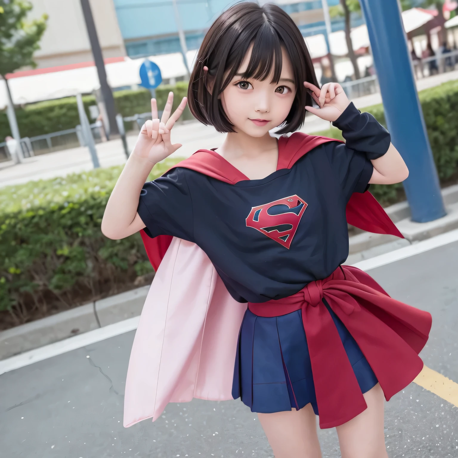 A is wearing Supergirl clothes..、masterpiece、highest quality、Spreading black hair、bob cut with trimmed ends、(flat chest)、lolicon、red cloak、short sleeve、many pink hearts、amusement park background、(whole body)、smile、raise your arms、Place your knees on the ground