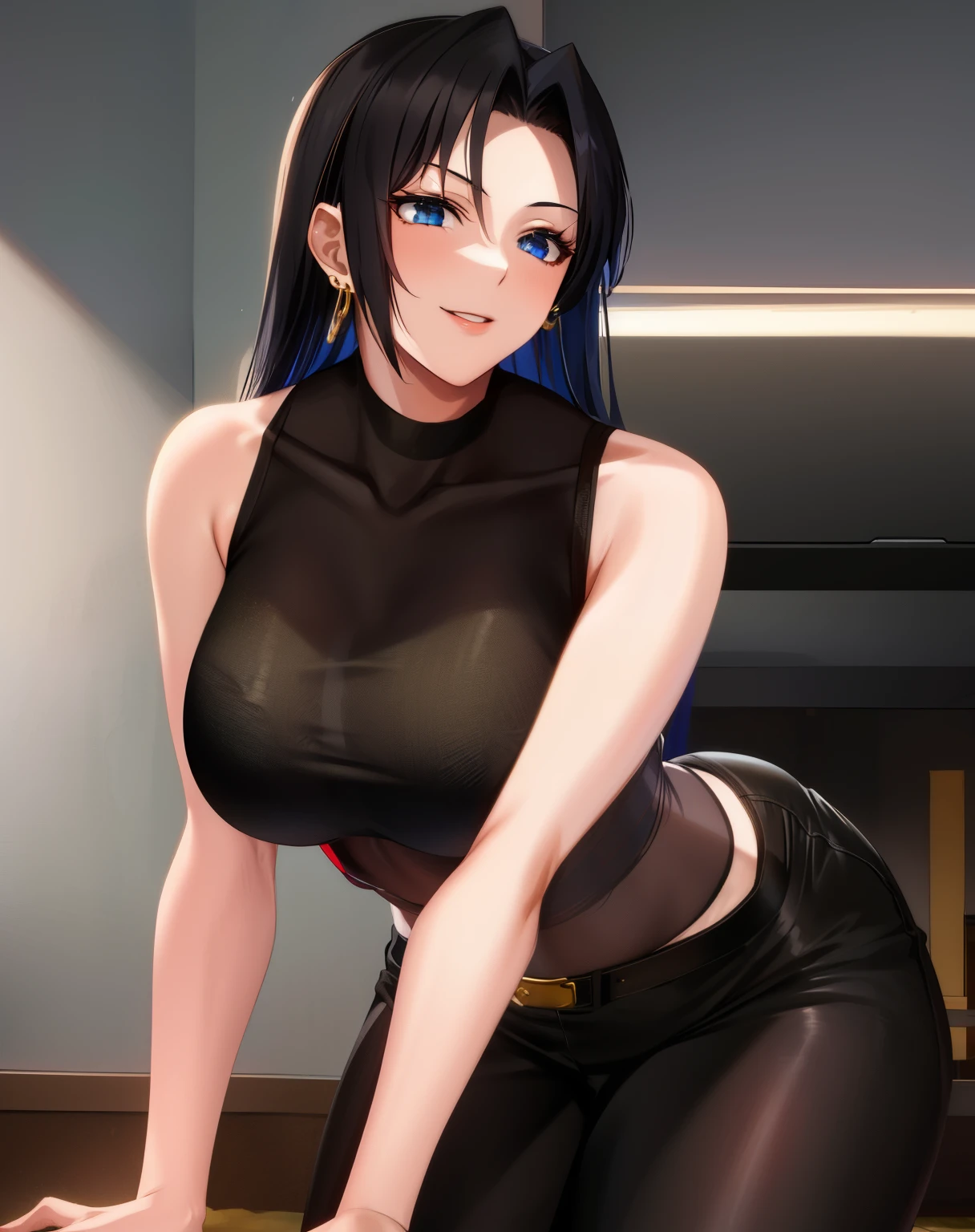 Boa Hancock, female, 20 years old, loose hair, black hair, gold earrings, large breasts, black sports bra, black pants.