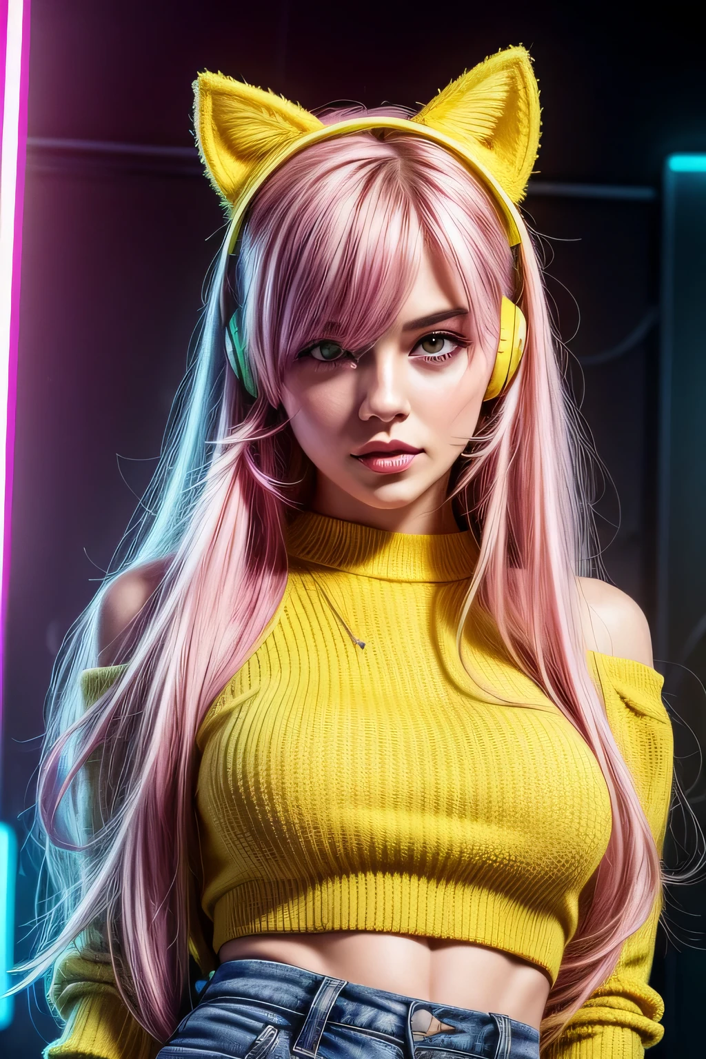 High-quality image, 8K, (photorealistic), (((Draw a realistic, high-resolution portrait of a woman with long hair)))(Make sure she is in a half-body pose and has a charming blush on her cheeks)(Create an image featuring a character with neon pink hair)(neon blue eyes)(The character should have vibrant, neon pink hair that stands out prominently, wearing yellow sweater) (Their eyes should be a striking shade of neon blue, adding a captivating visual element) (Ensure that these two characteristics are prominent in the overall composition) (Explore creativity in incorporating additional elements that complement the neon color palette) wearing headset cat ear, smile, facing at camera with snuggle
