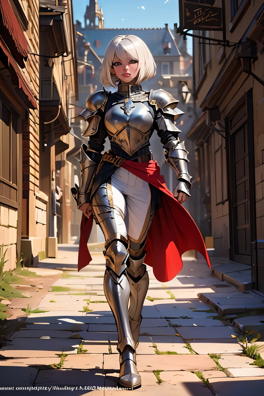 (((masterpiece))), (((best quality))), ((ultra-detailed)), (cinematic lighting), (illustration), (beautiful detailed eyes), (1girl), full body, space, knight, armour, light hair, skirt, walking, medieval city, lasers, best quality, expressive eyes, perfect face, Girl: (20s, white hair, short hair, jumpsuit, silver armour),