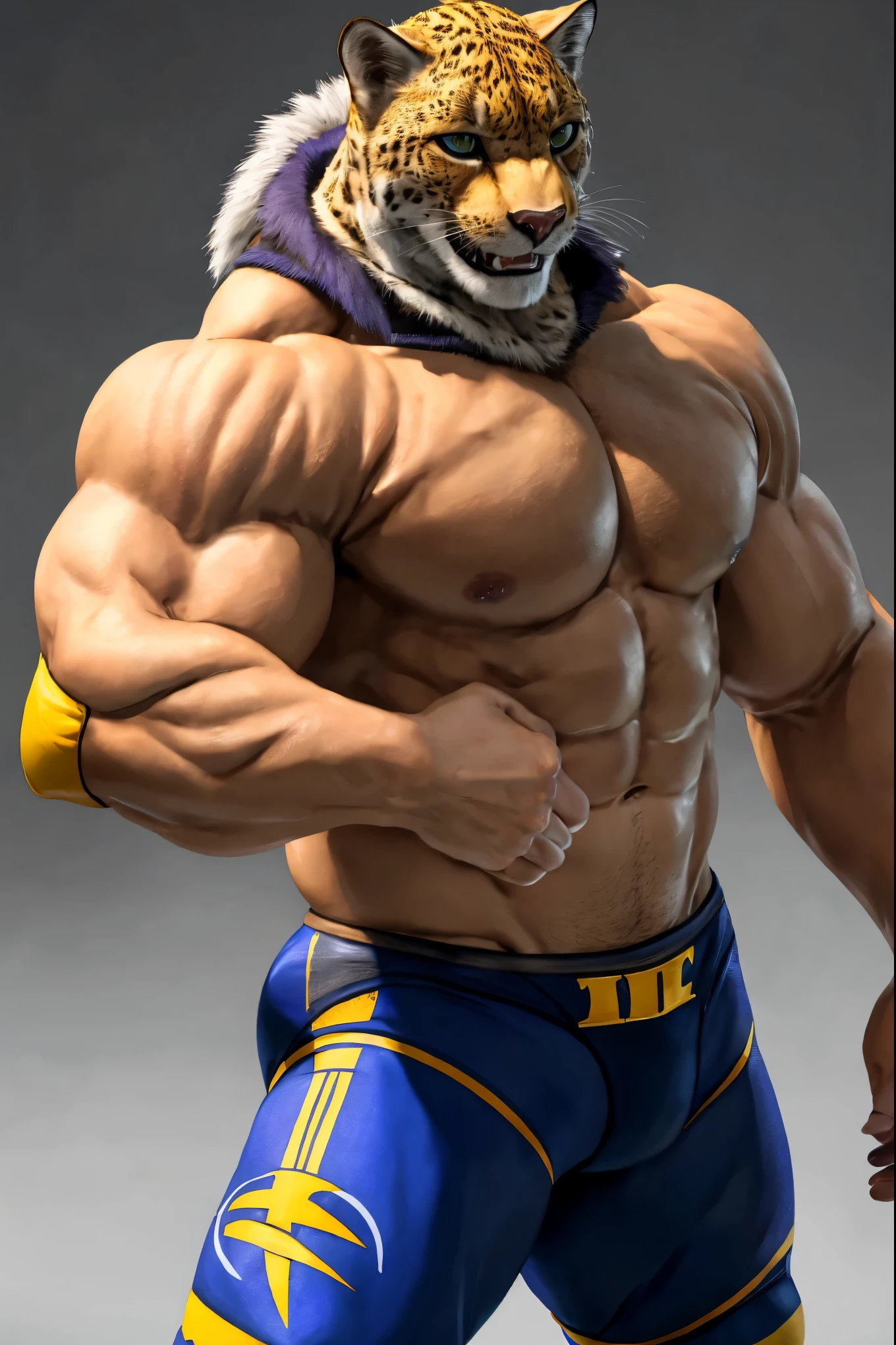 ((character concept art)),image of King from Tekken, sci-fi theme, wrestling outfit, ((dynamic pose)), looking towards the viewer, photorealistic, best quality, 8K masterpiece, 1man, minimal background, soft lighting, shadows accentuating muscles, full body, realistic skin, high resolution, high detailed, UHD wallpaper, masterpiece, absolutely perfect, stunning image, visually rich, intrinsically detailed, concept art, by Mschiffer, intricate details, soft natural light, king_tekken, simple background, muscular, pectorals, muscular male, simple background,