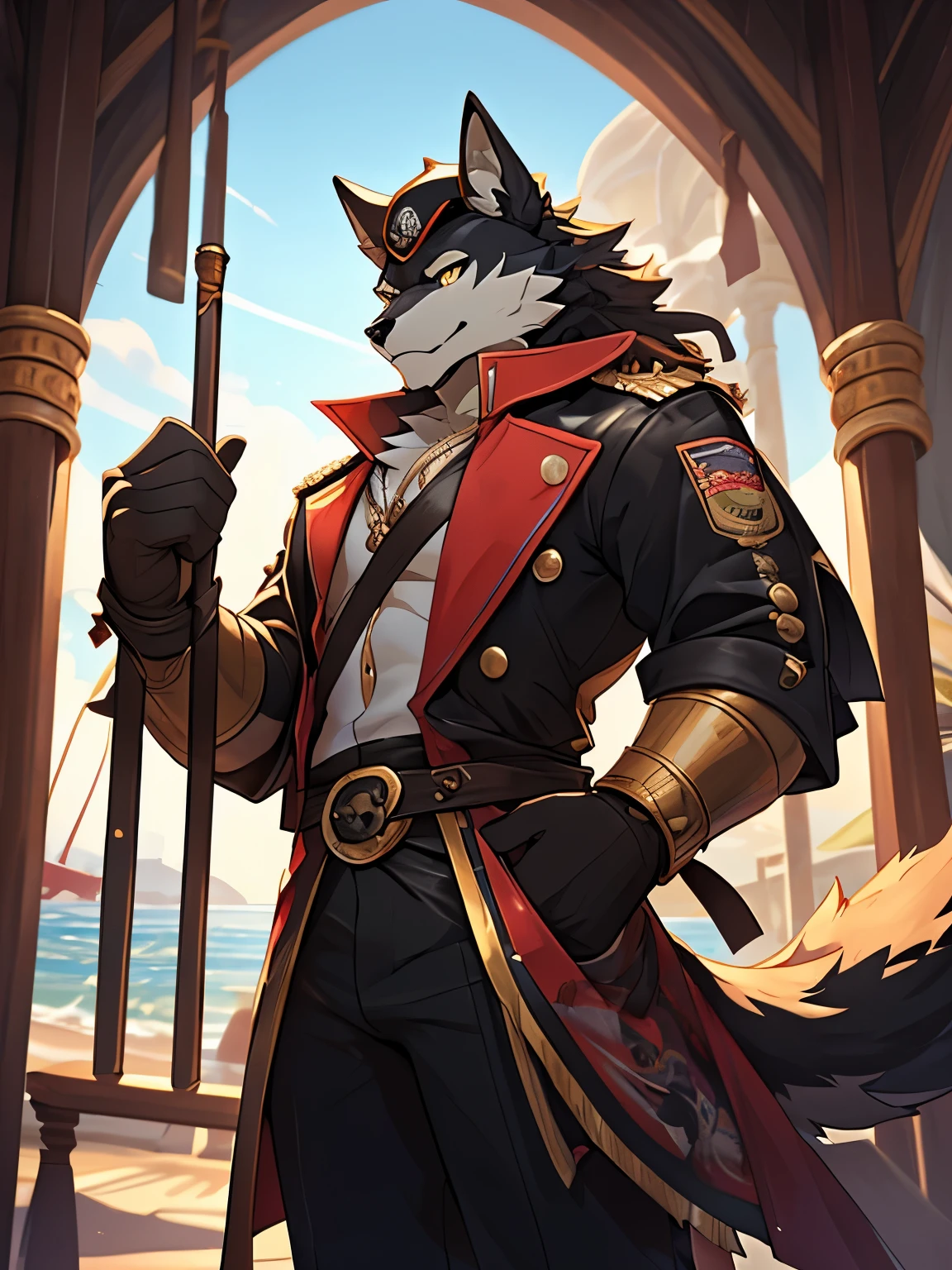 (Furry art, uploaded on e621: 1.4), Werewolf, grey and black fur, intense golden eyes, black pirate hat with peach feathers, red baron jacket with gold buttons and gold shoulders over a black shirt and a white frill tie, crab-like fangs and shell, masterpiece, best quality, (detail background), background sea, on on a pirate ship, (detail body), (perfect pulpils), standing, (masterpiece), (best quality), (ultra-detailed: 1.0), cool pose, (Clear, shiny:0,8), (1boy, solo), (solo_focus), detail fluffy fur, natural lighting, (male), anthro, (upscaling ratio: 2.10), detail background, perfect sky, detail fur, topless.