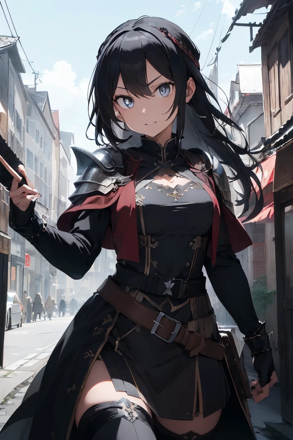 ((best quality)), ((Meisterwerk)), (detailliert), perfektes Gesicht, (Meisterwerk, best quality, detaillierter Hintergrund, Komplizierte Details), Fantasy-Thema, Herr der Ringe , black hair, long hair, Im Inneren des Dungeons, 1girl , teenager , Zauberer , Magier , lange robe, breastplate , Umhang , Bandana, grau Augen, Dagger on the hip, Belt bags, selbstbewusster Ausdruck, dynamische Pose, rostige Schatztruhe, Steinmauern, dunkel , schwarze haare, lange haare, umhang, black cloak, light metal armor , evil look , Evil expression , hole body , light armor , grey eyes , magician cloak, magician clothing