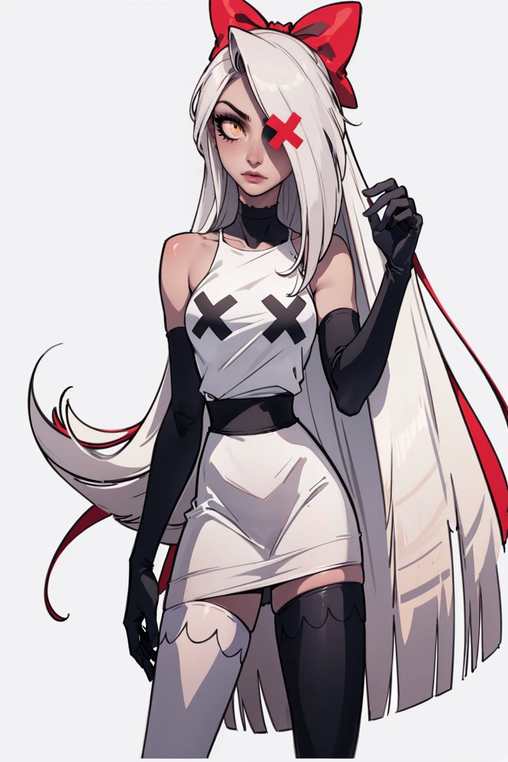 (Vaggie:1.0), (casual outfit, white dress, stockings, gloves:1.5), (pastel-pink sclera, black pupil, grey skin, white hair, long hair, hair bow:1.2), (white background:1.5), (realistic:1.2), (masterpiece:1.2), (full-body-shot:1),(Cowboy-shot:1.2), neon lighting, dark romantic lighting, (highly detailed:1.2),(detailed face:1.2), (gradients), colorful, detailed eyes, (detailed landscape:1.2), (natural lighting:1.2), (cute pose:1.2), (solo, one person, 1girl:1.5), standing, 