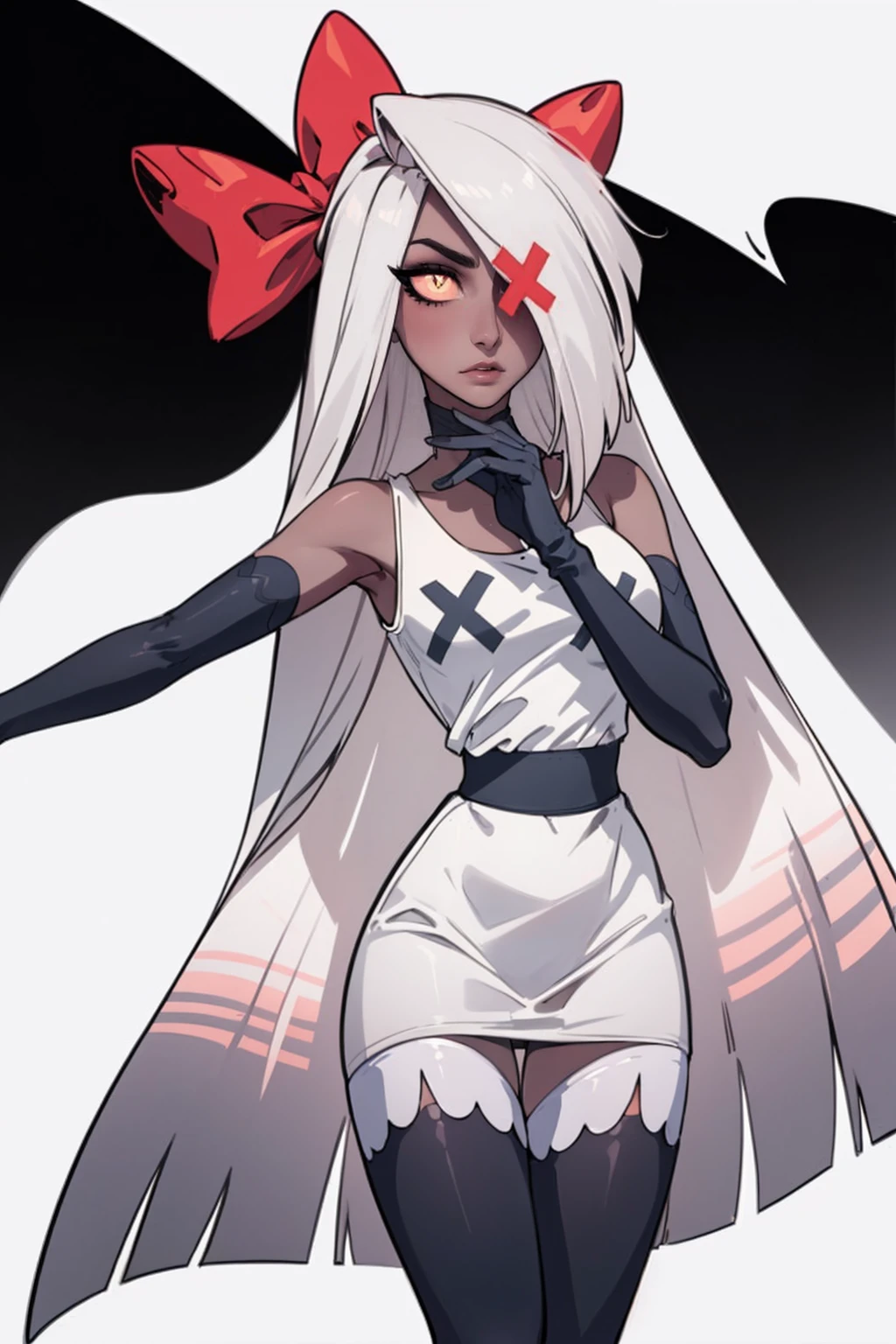 (Vaggie:1.0), (casual outfit, white dress, stockings, gloves:1.5), (pastel-pink sclera, black pupil, grey skin, white hair, long hair, hair bow:1.2), (white background:1.5), (realistic:1.2), (masterpiece:1.2), (full-body-shot:1),(Cowboy-shot:1.2), neon lighting, dark romantic lighting, (highly detailed:1.2),(detailed face:1.2), (gradients), colorful, detailed eyes, (detailed landscape:1.2), (natural lighting:1.2), (cute pose:1.2), (solo, one person, 1girl:1.5), standing,