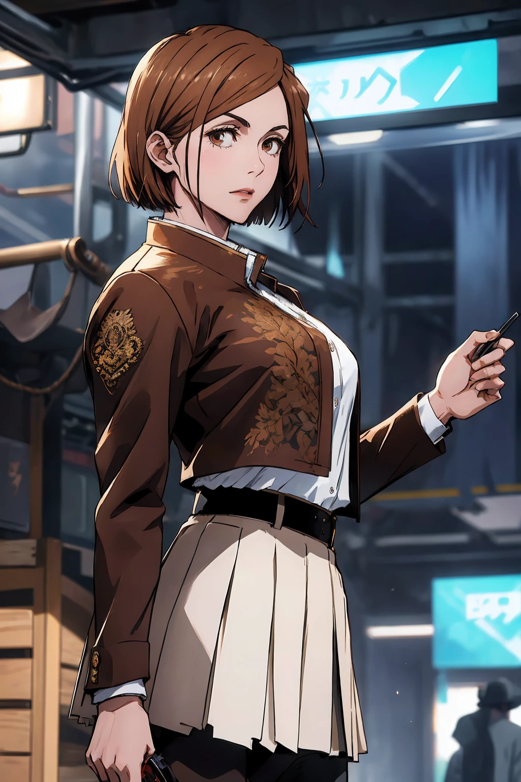 1girl, cowboy shot, beautiful Nobara, school_uniform, bangs, jacket,, volumetric lighting, best quality, masterpiece, intricate details, tonemapping, sharp focus, hyper detailed, trending on Art Station, 4k,full body