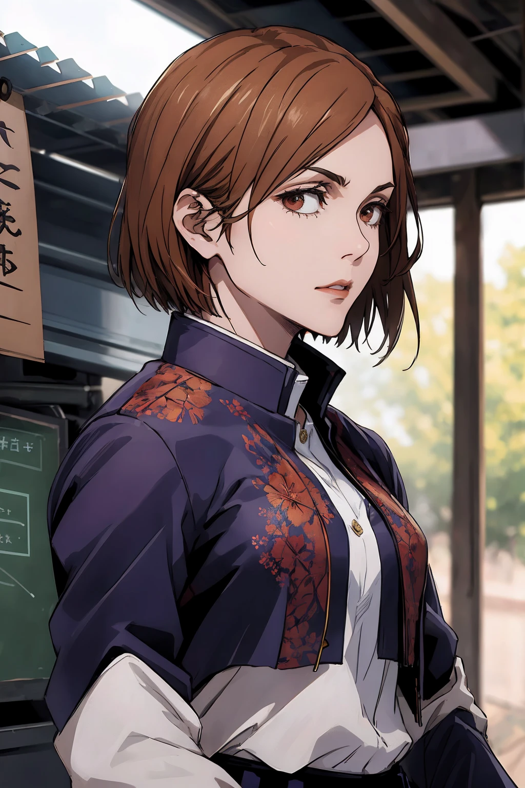 1girl, cowboy shot, beautiful Nobara, school_uniform, bangs, jacket,, volumetric lighting, best quality, masterpiece, intricate details, tonemapping, sharp focus, hyper detailed, trending on Art Station, 4k,full body