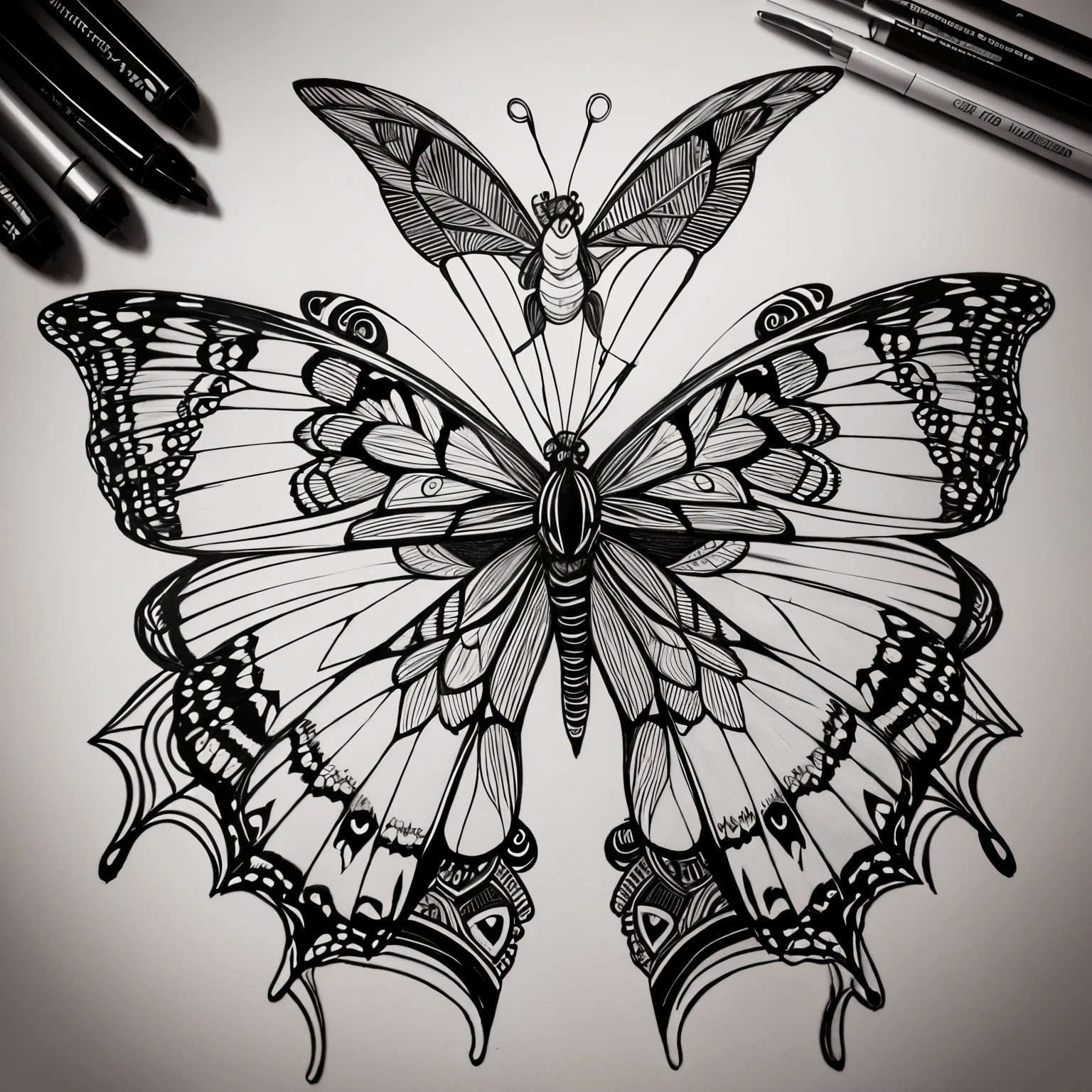 Make a doodle art with butterfly in the middle and flowers on the floor. Use black and white colors only with different thickness and lines. Make it detailed